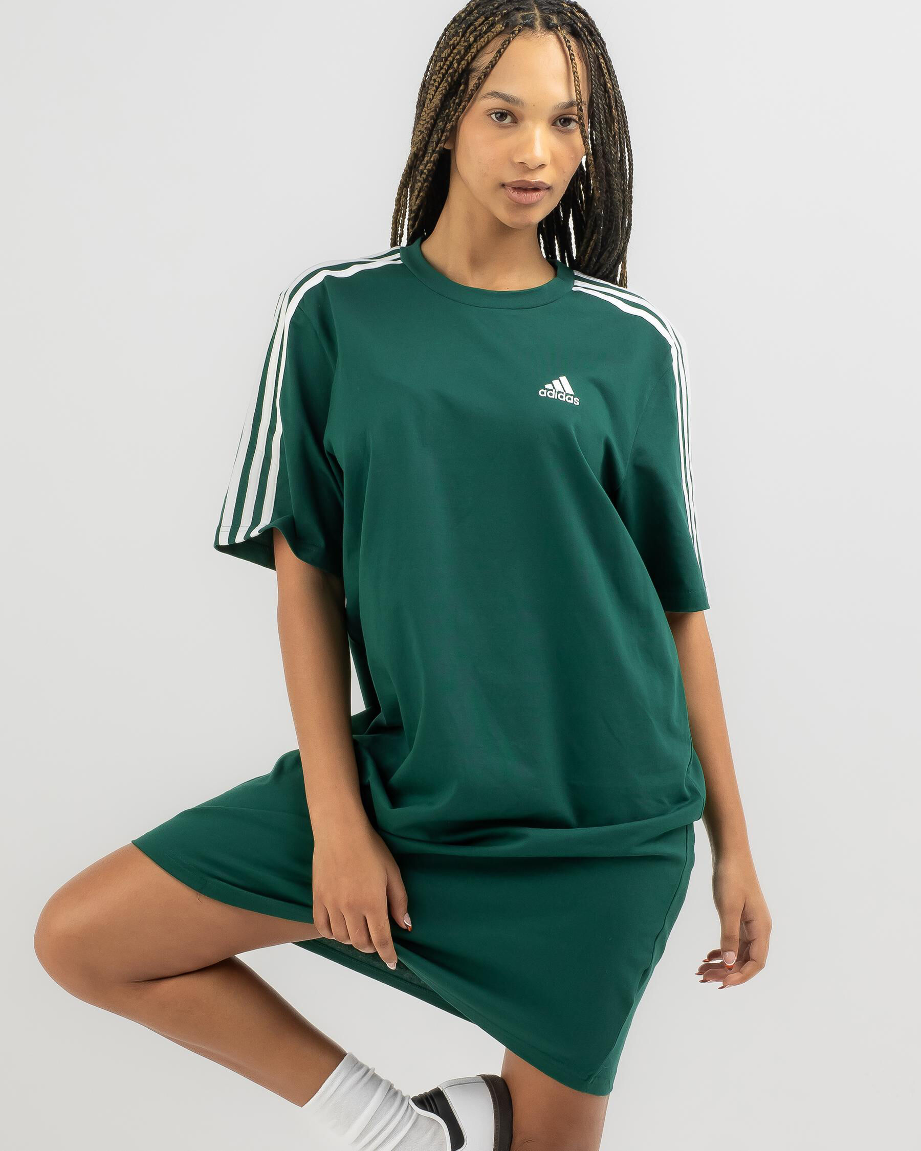 Adidas 3 Stripe Boyfriend T-Shirt Dress In Colliegiate Green/white