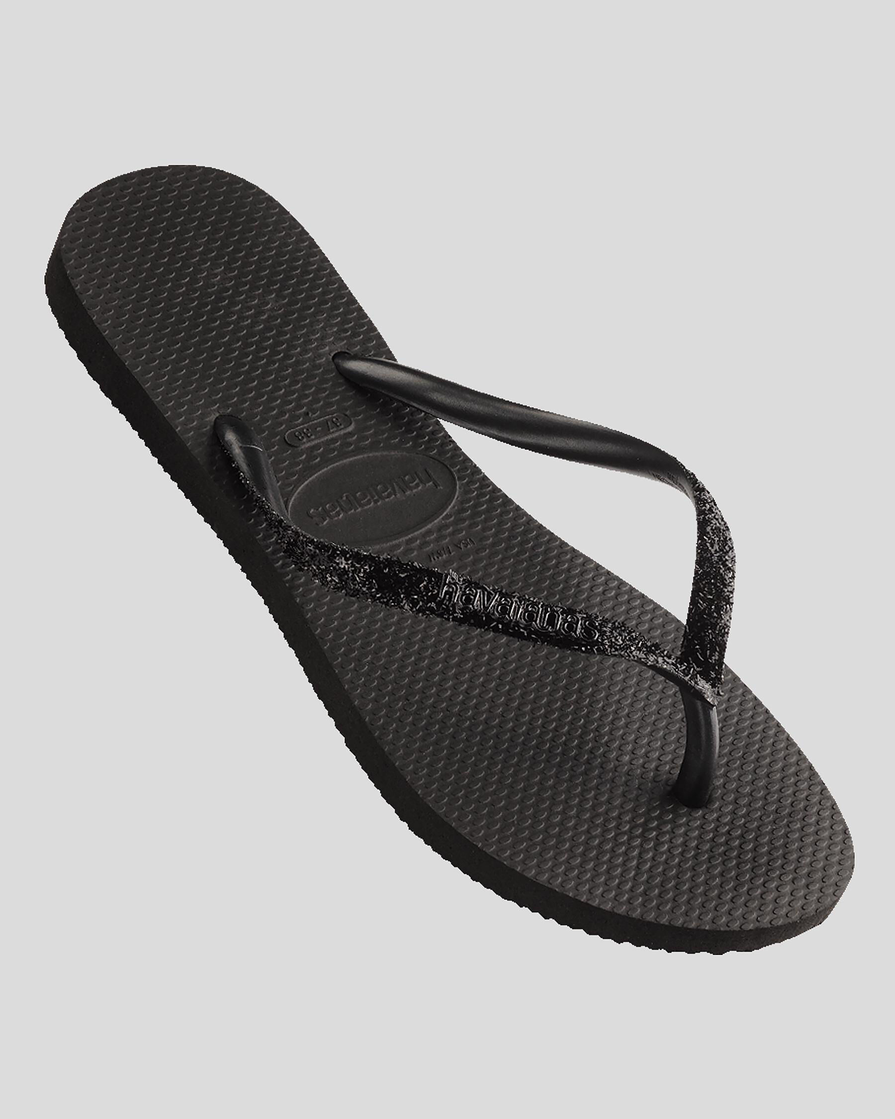 Havaianas Slim Metal Logo Glitter II Thongs In Black dark Grey