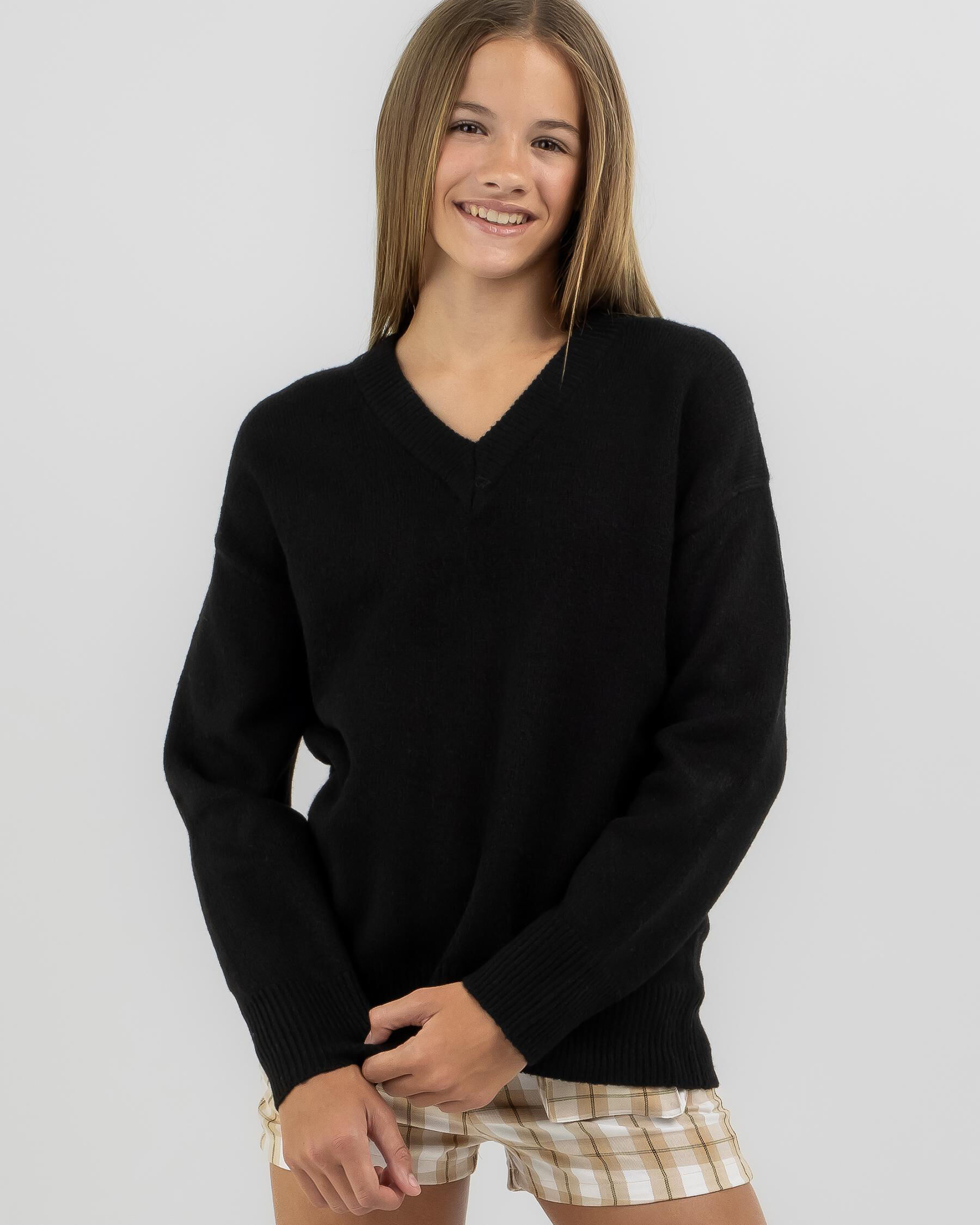 Girls black clearance v neck jumper