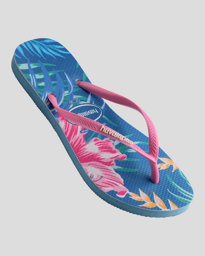 Shop Havaianas Slim Print Floral Palm Thongs In Tranquility Blue - Fast ...