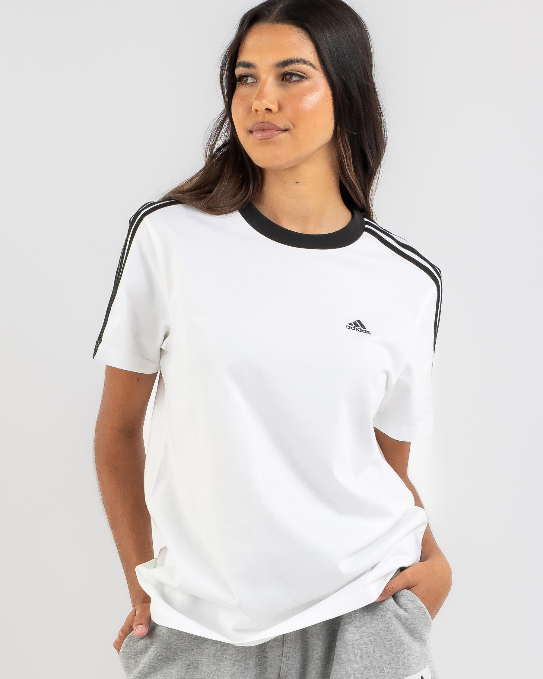 Adidas 3 Stripe Boyfriend Fit T Shirt In White black FREE