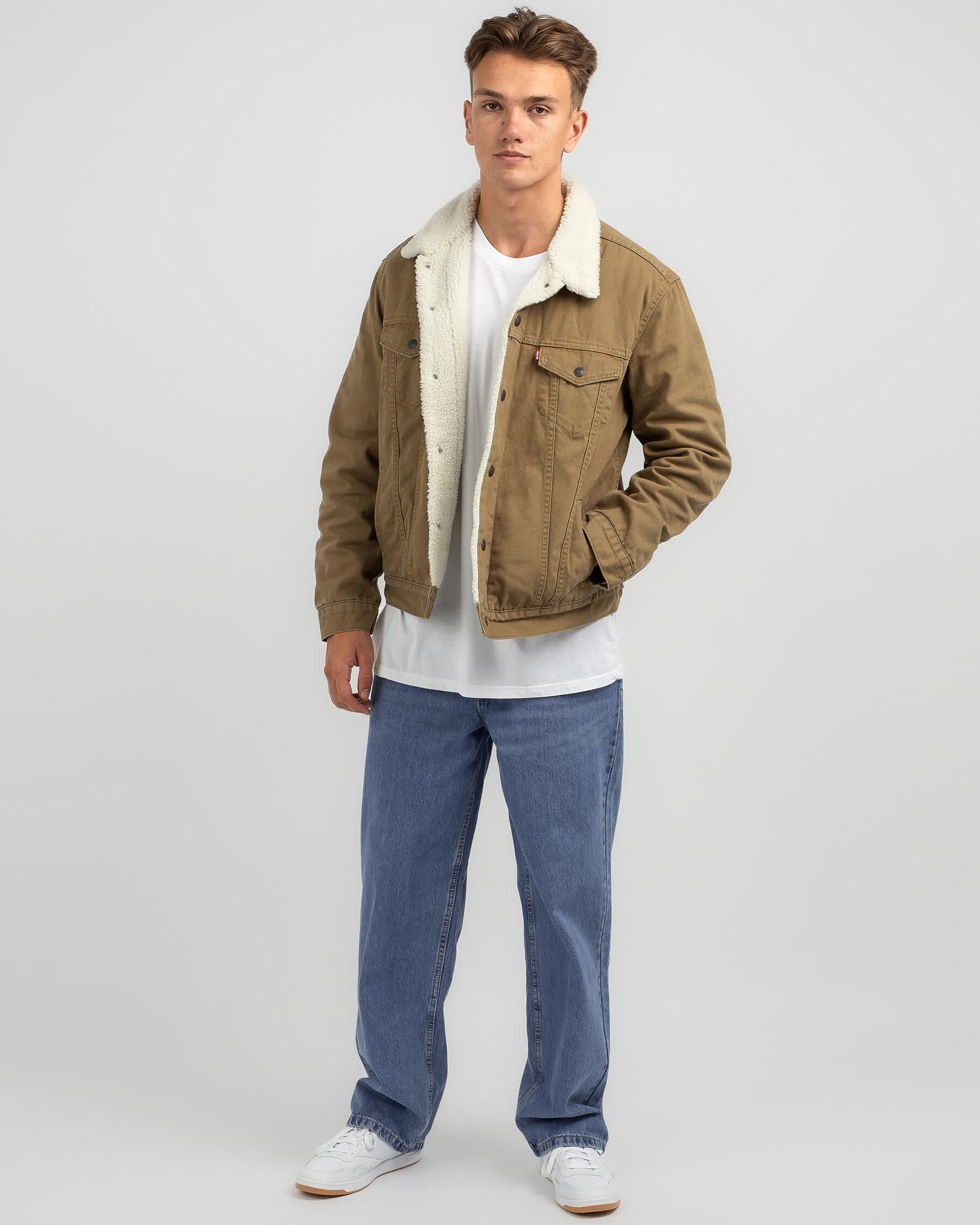 Levi's Type 3 Sherpa Trucker Jacket In Washed Cougar Canvas - FREE ...