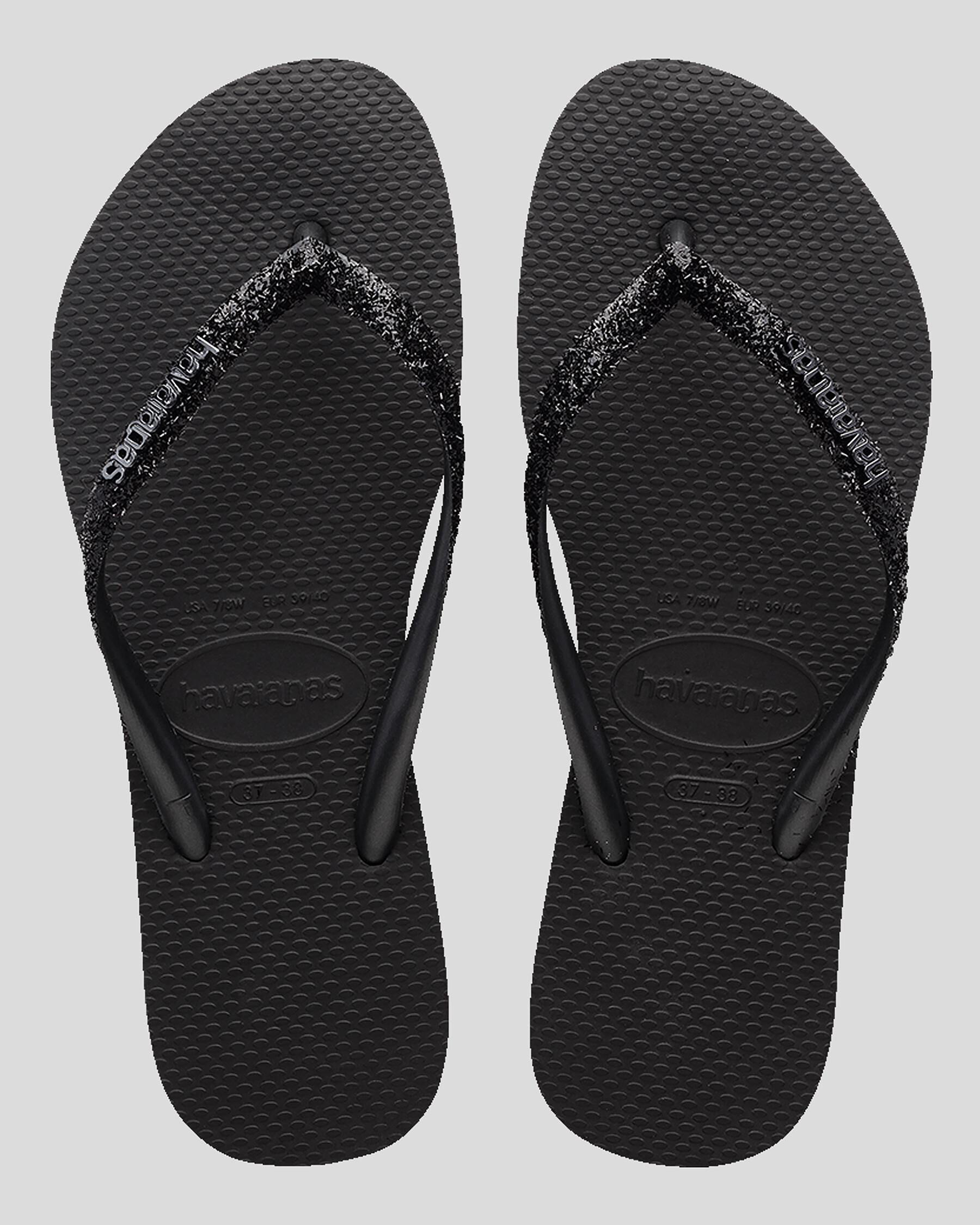 Havaianas Slim Metal Logo Glitter II Thongs In Black dark Grey