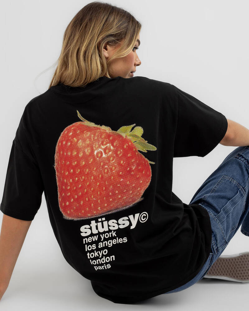 Shop Stussy Strawberry Relaxed T-Shirt In Pigment Black - Fast Shipping ...