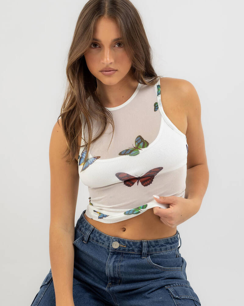 Ava And Ever Noah Butterfly Mesh Tank Top for Womens