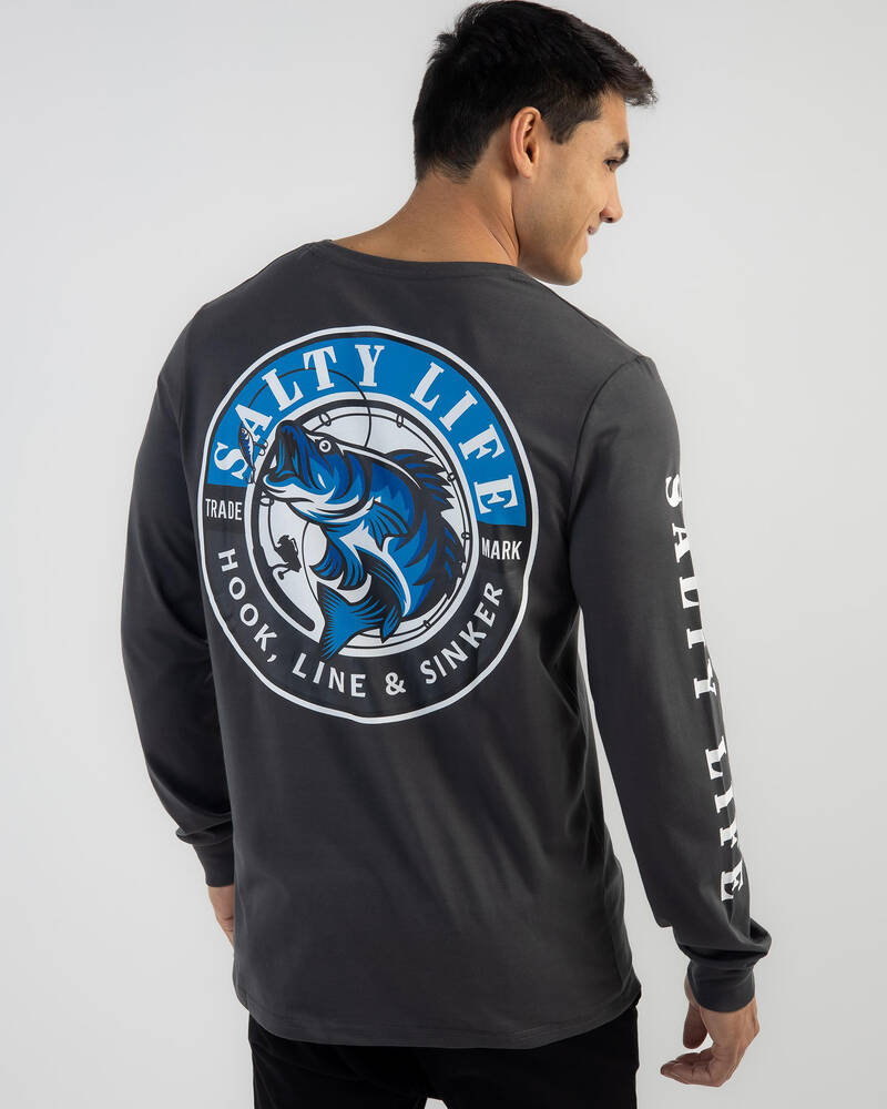 Salty Life Hooked Long Sleeve Surf T-Shirt In Charcoal - FREE