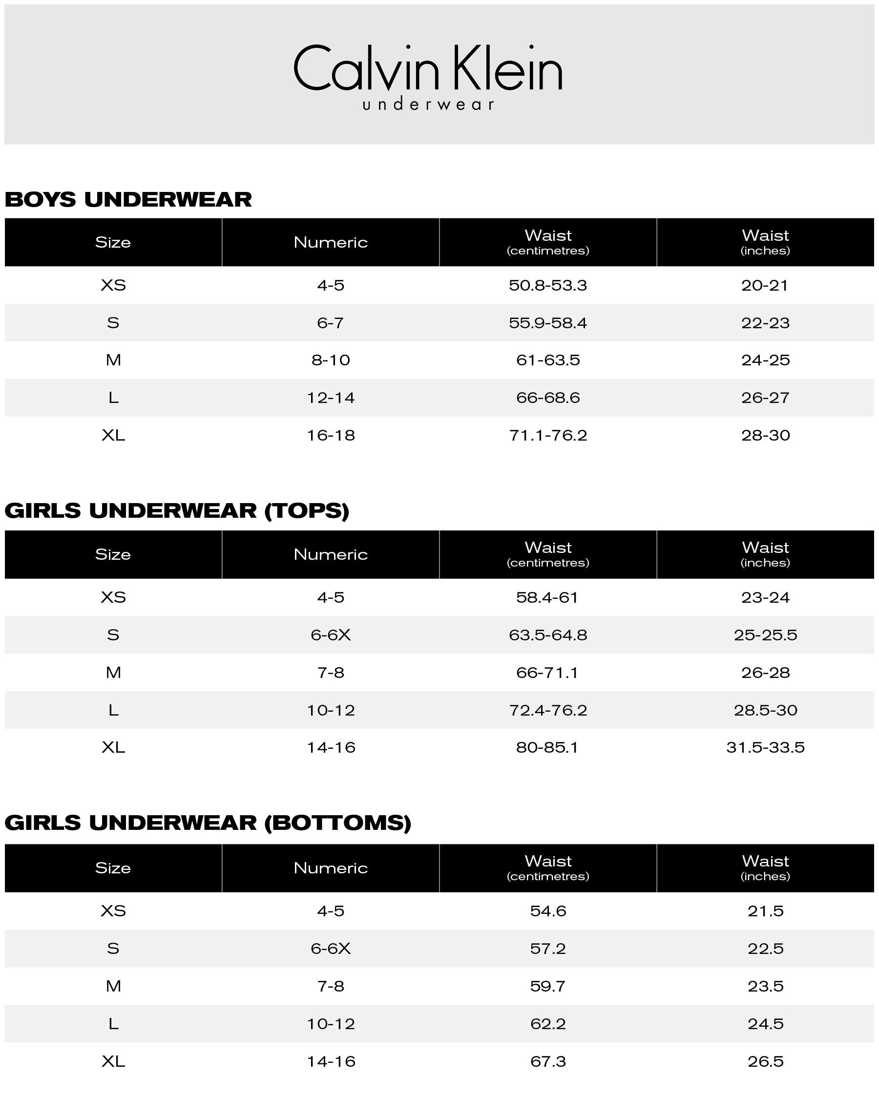 Calvin klein kids size chart best sale