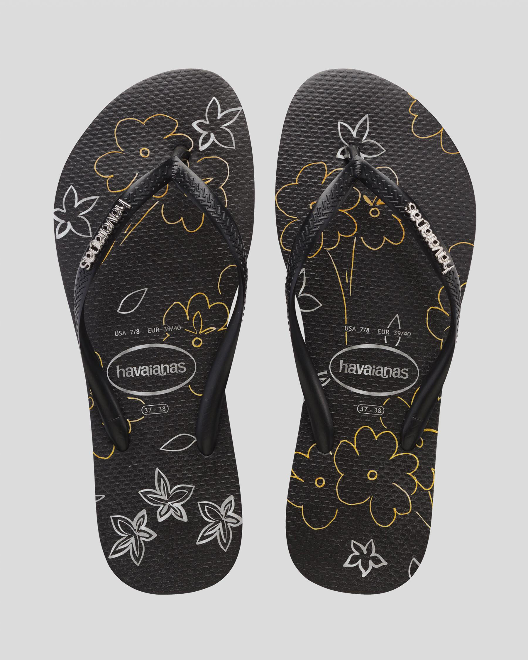 Shop Havaianas Slim Metal Logo Thongs In Black - Fast Shipping & Easy ...