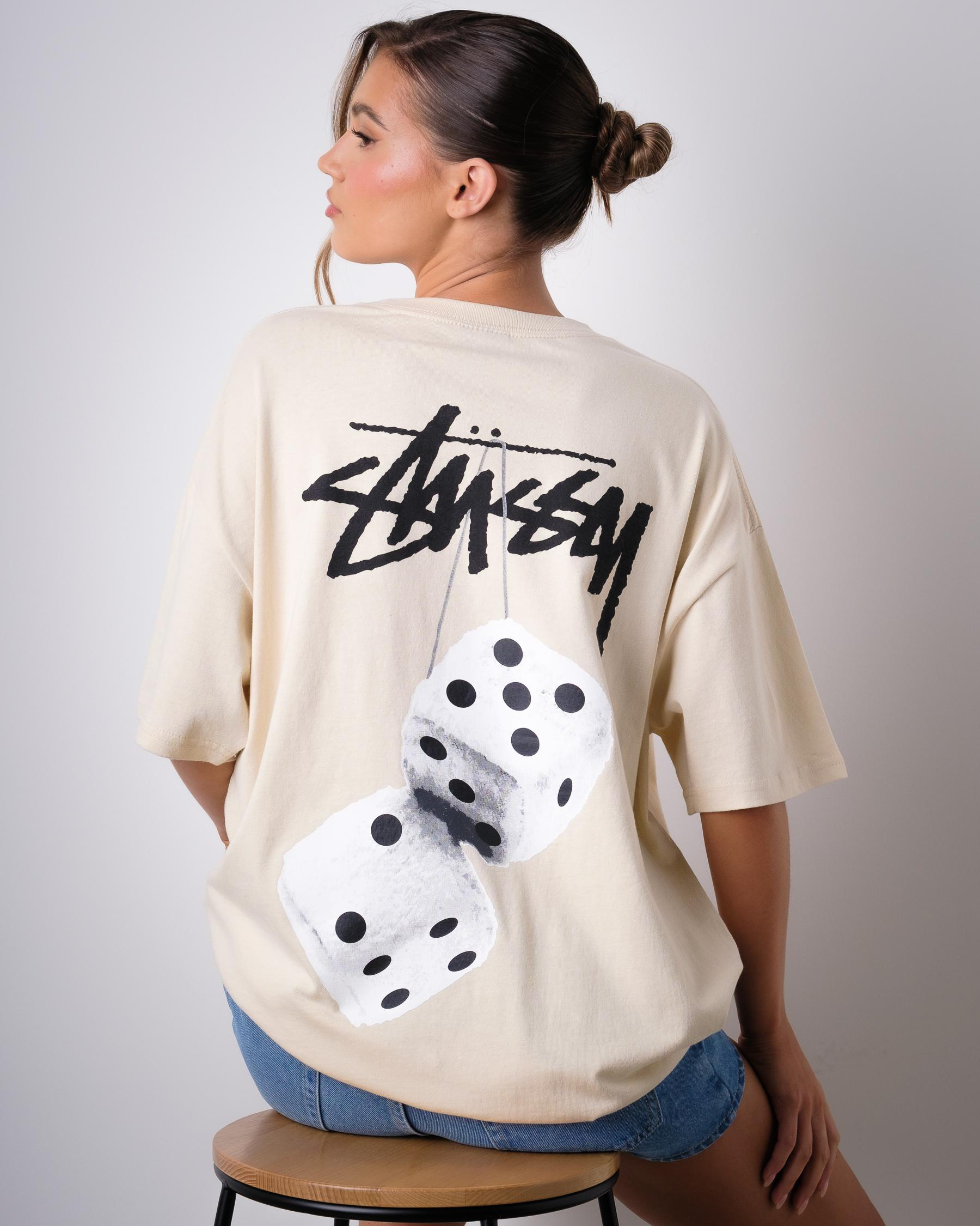 Shop Stussy Fluffy Dice Relaxed T-Shirt In White Sand - Fast Shipping ...