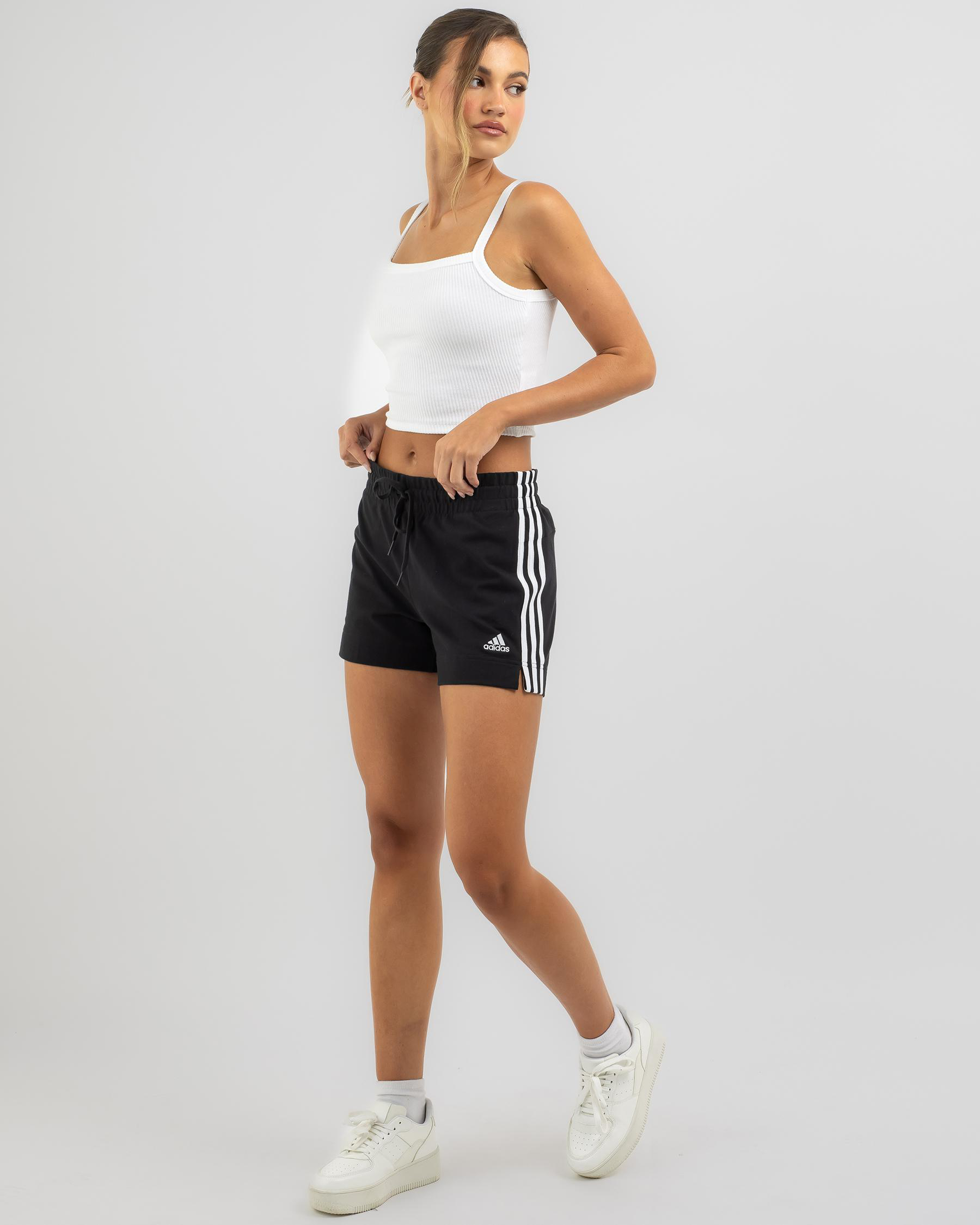 Adidas Essentials 3 Stripe Shorts In Black/white - Fast Shipping & Easy ...