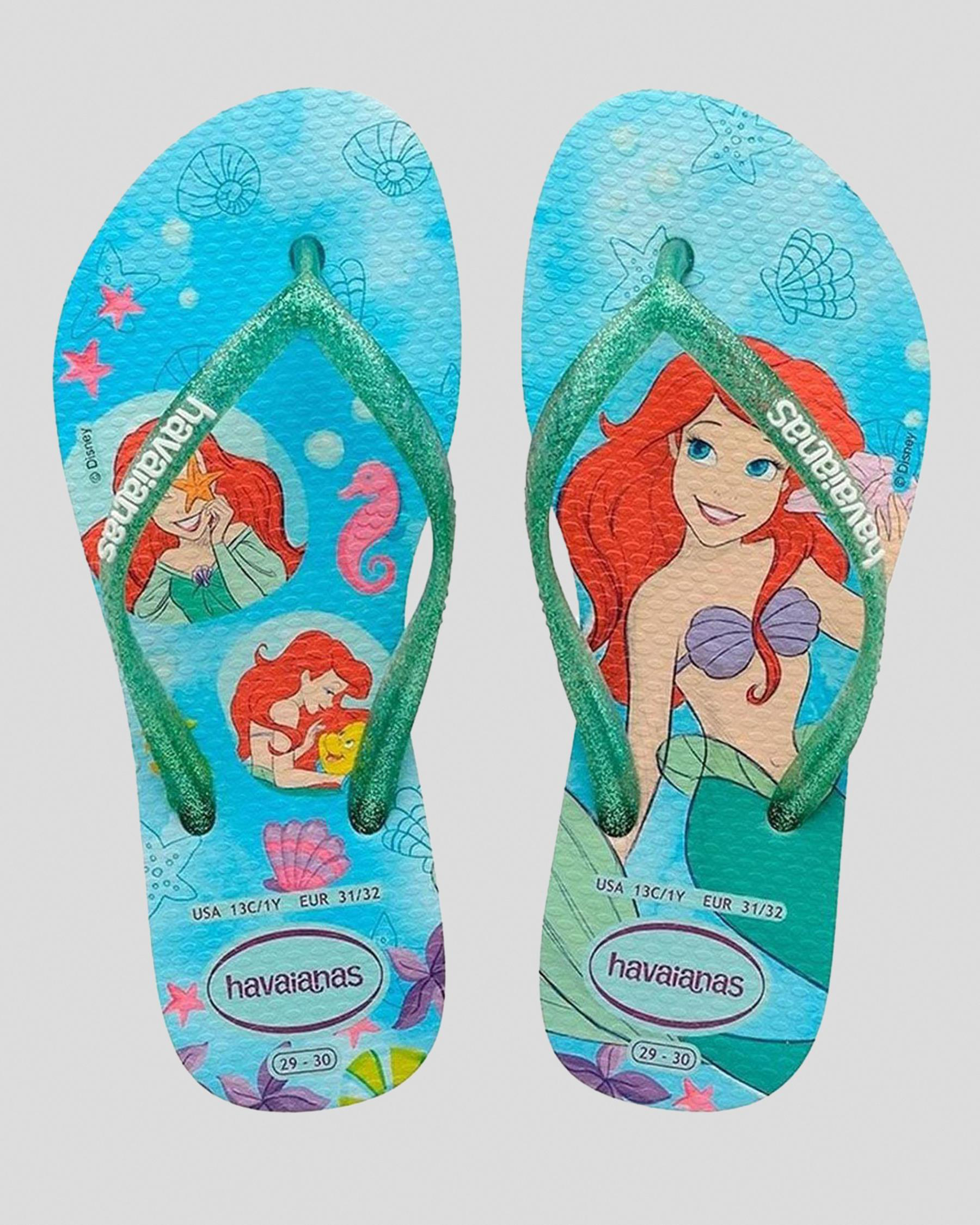 Havaianas Kids' Slim Princess Ariel Thongs In White/ Green Clover ...