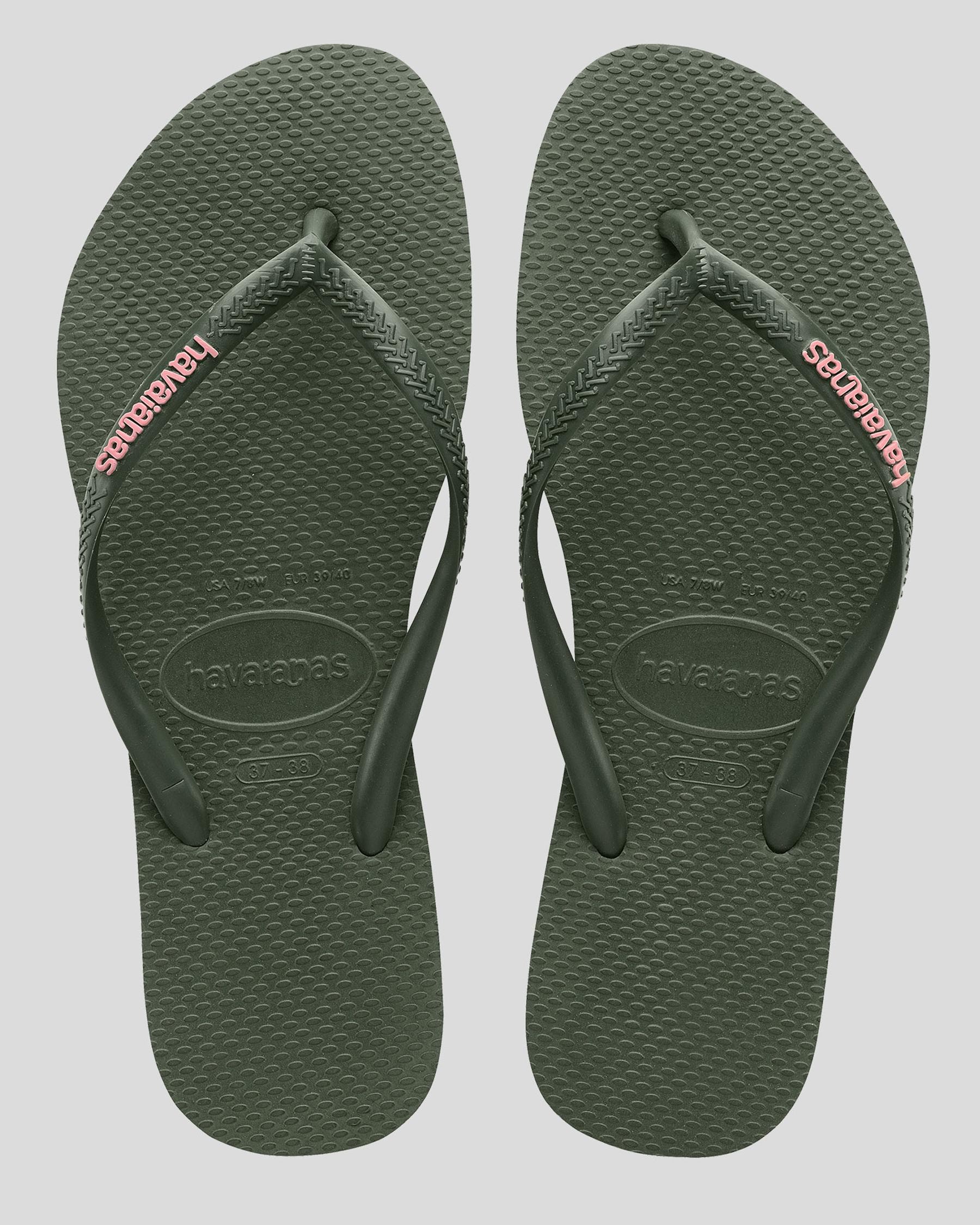Shop Havaianas Slim Rubber Logo Thongs In Green Olive/pink - Fast ...