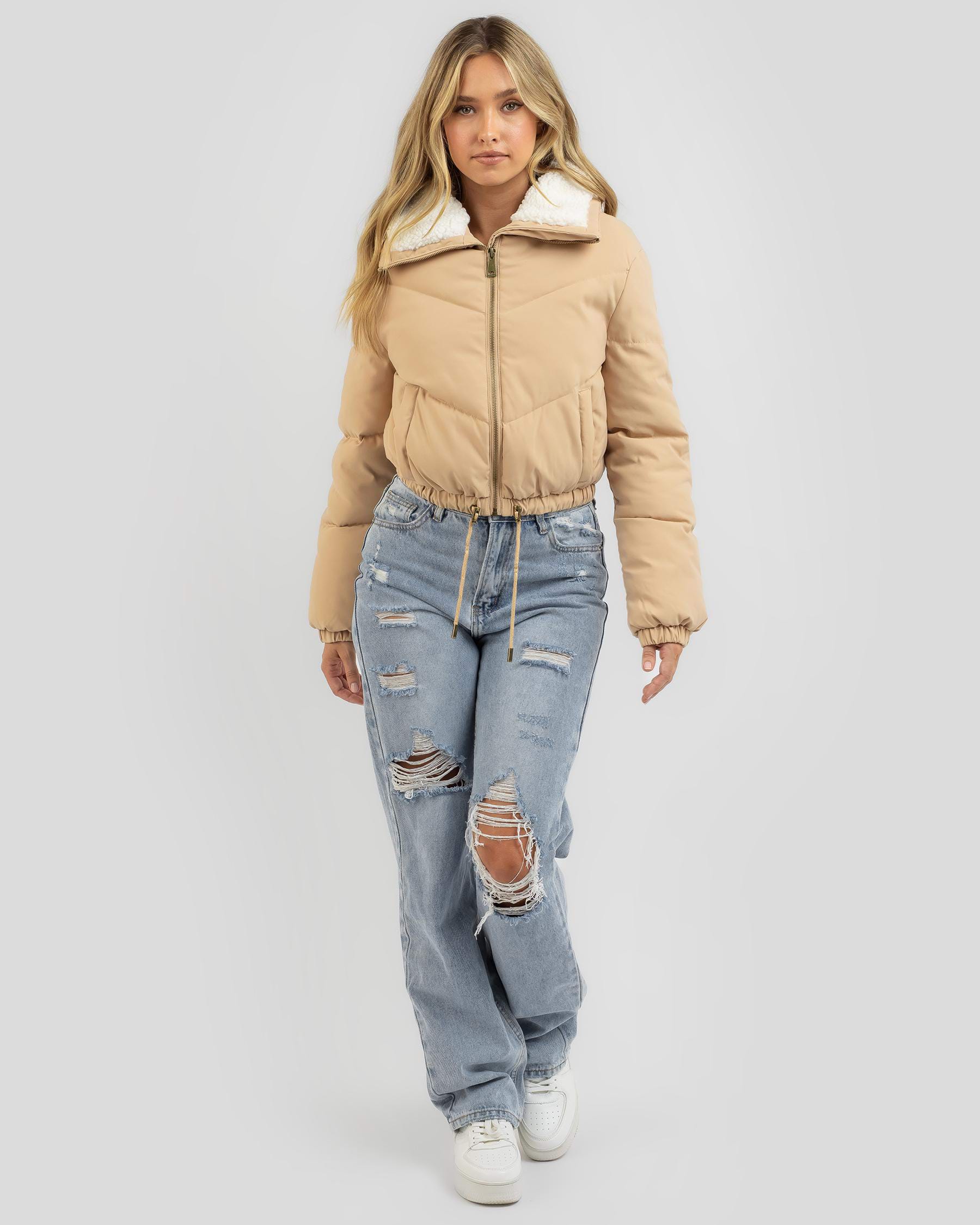 Shop Mooloola Avalon Puffer Jacket In Taupe/cream - Fast Shipping ...