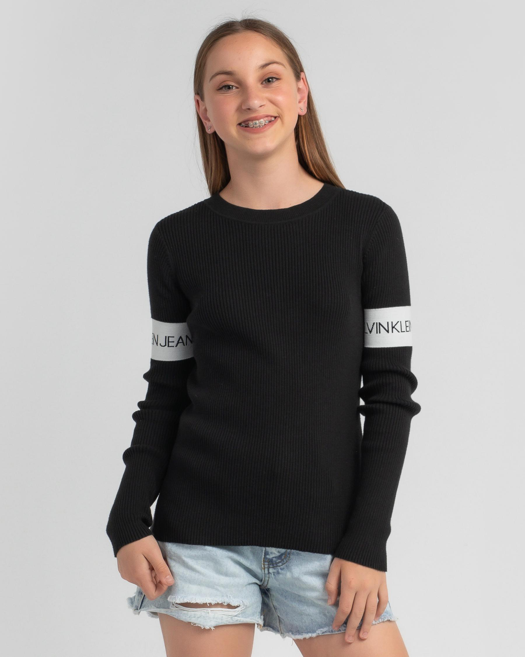 Calvin Klein Girls' Intarsia Logo Rib Sweater In Ck Black - Fast ...