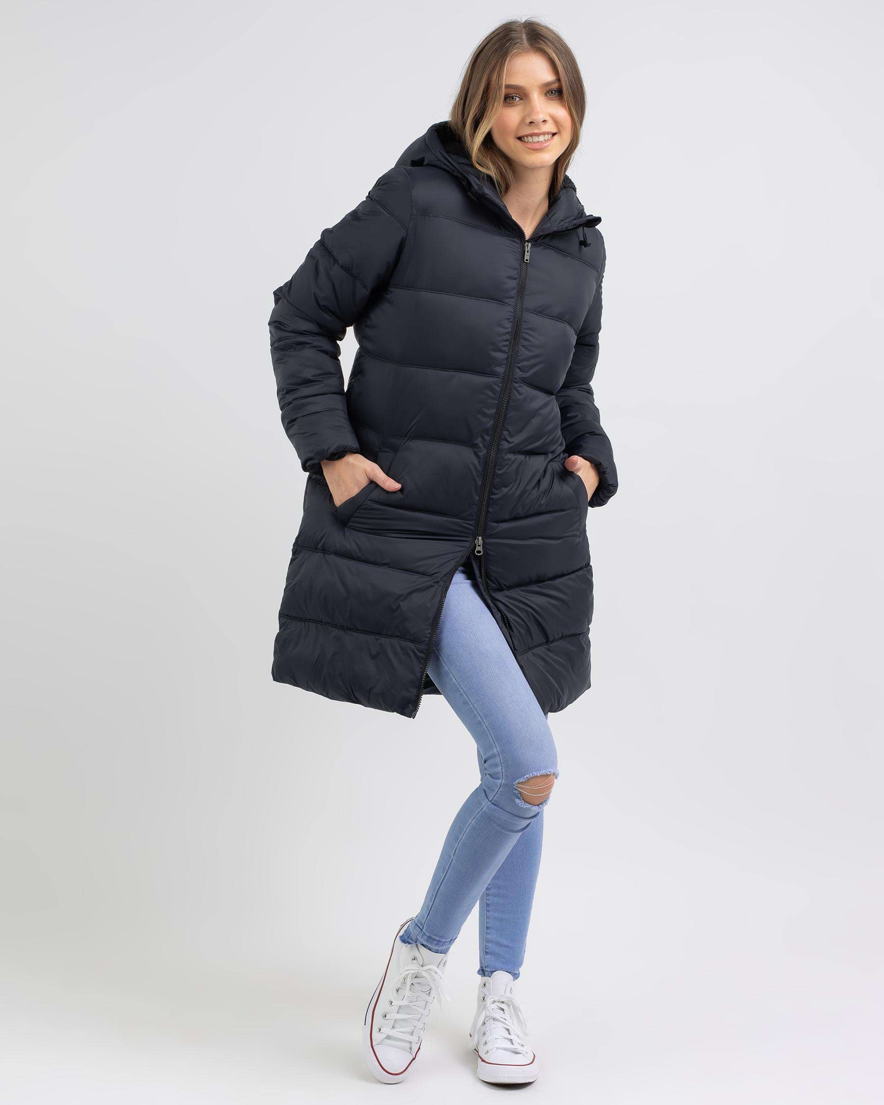 Shop Roxy Crest Of The Break Hooded Puffer Jacket In Anthracite - Fast ...