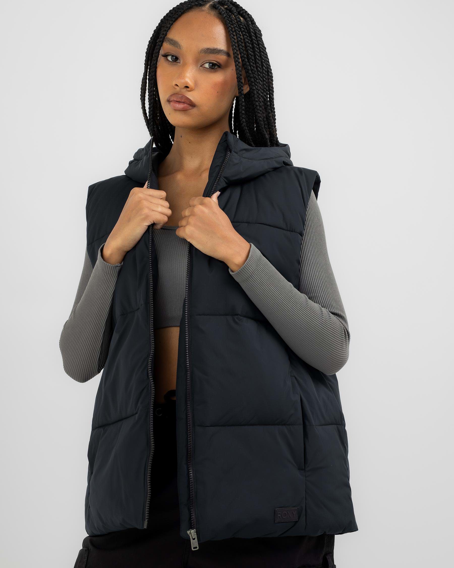 Shop Roxy Bright Side Hooded Puffer Vest In Anthracite - Fast Shipping ...