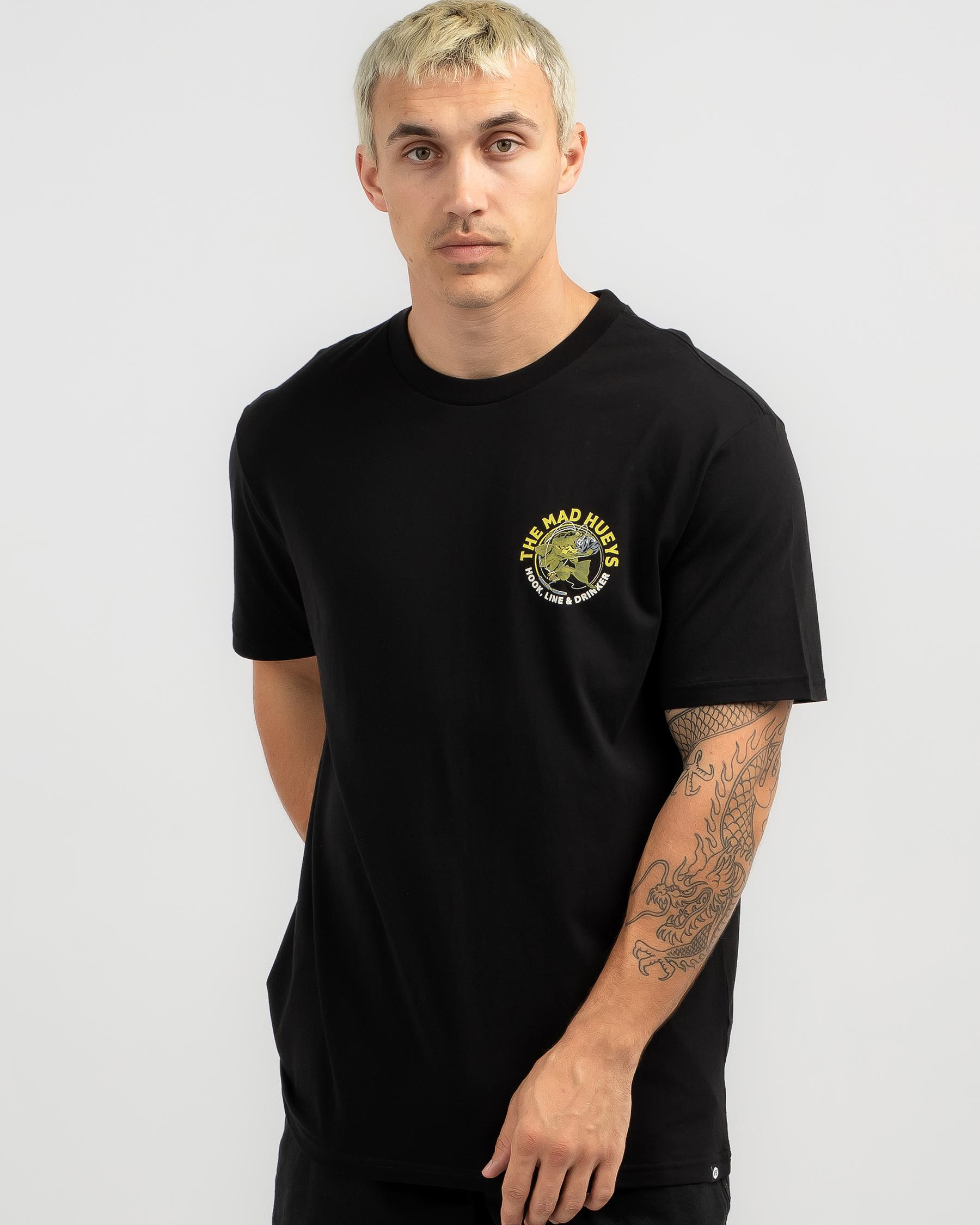 Shop The Mad Hueys Hook Line & Drinker T-Shirt In Black - Fast Shipping ...