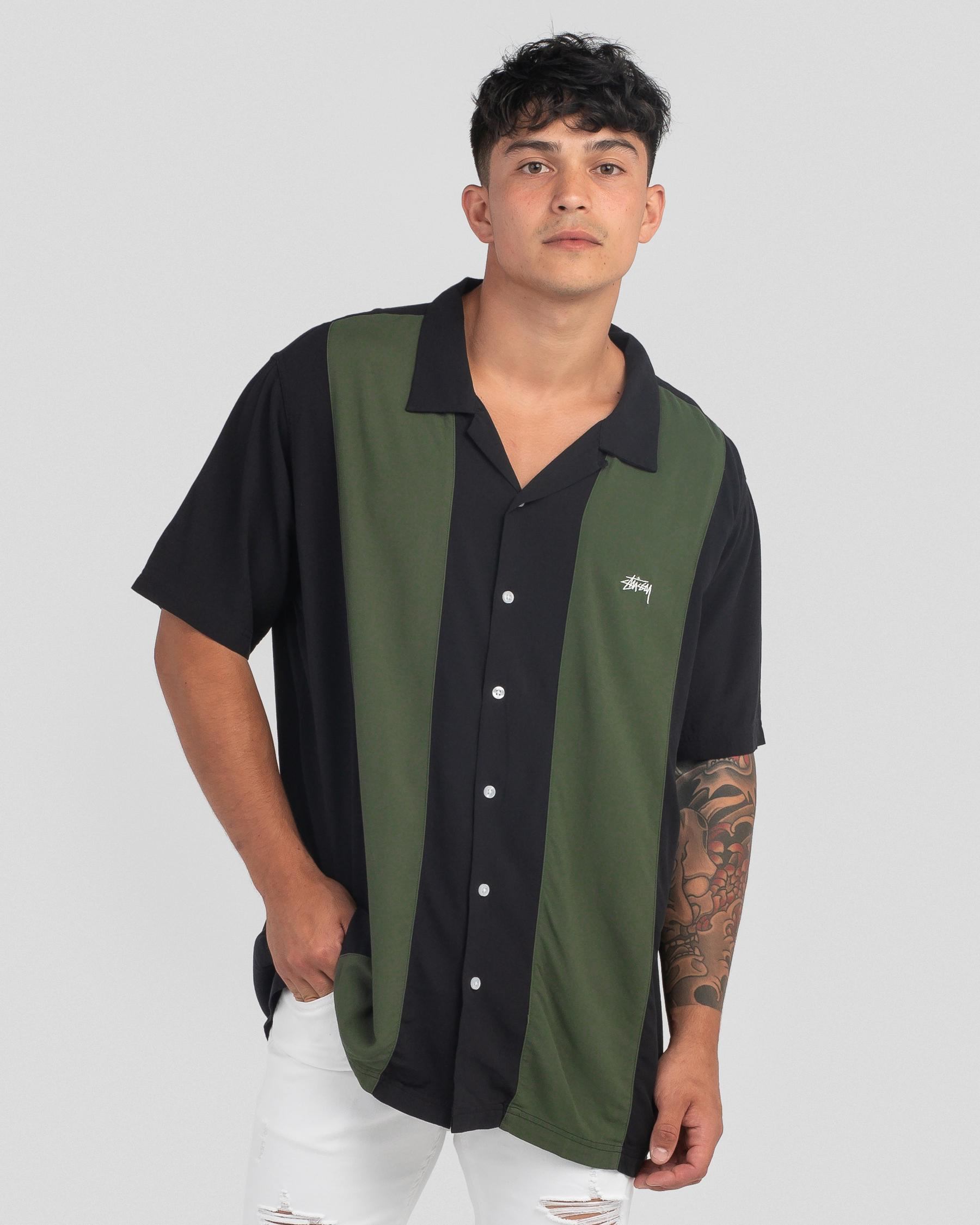 Shop Stussy Stock Bowling Short Sleeve Shirt In Black/flight Green ...