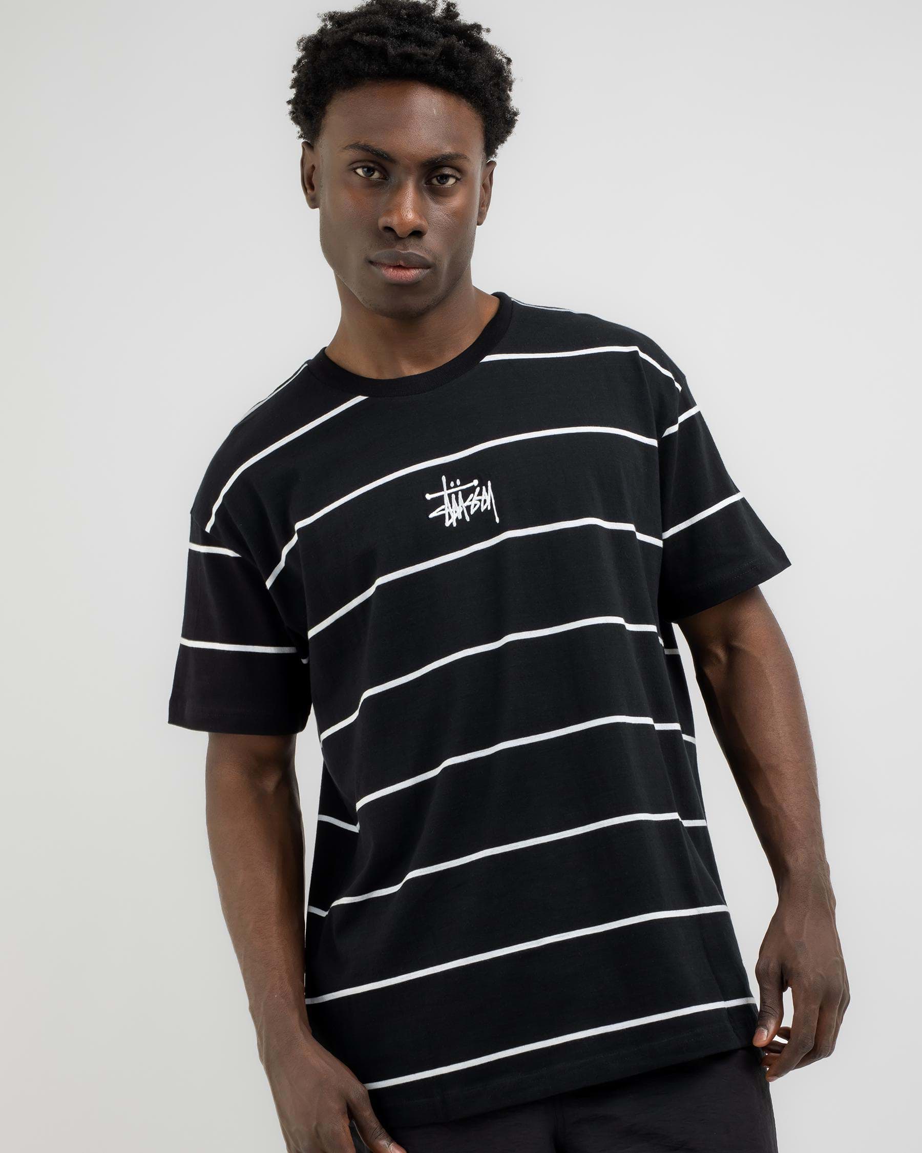 Shop Stussy Hand Drawn Stripe T-Shirt In Black/white - Fast Shipping ...