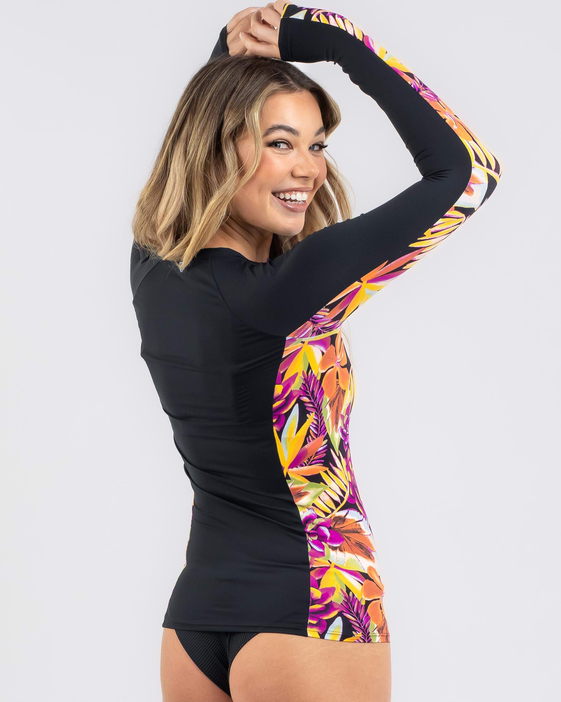 Shop Roxy Hot Tropics Long Sleeve Rash Vest In Anthracite Hot Tropics Fast Shipping And Easy 