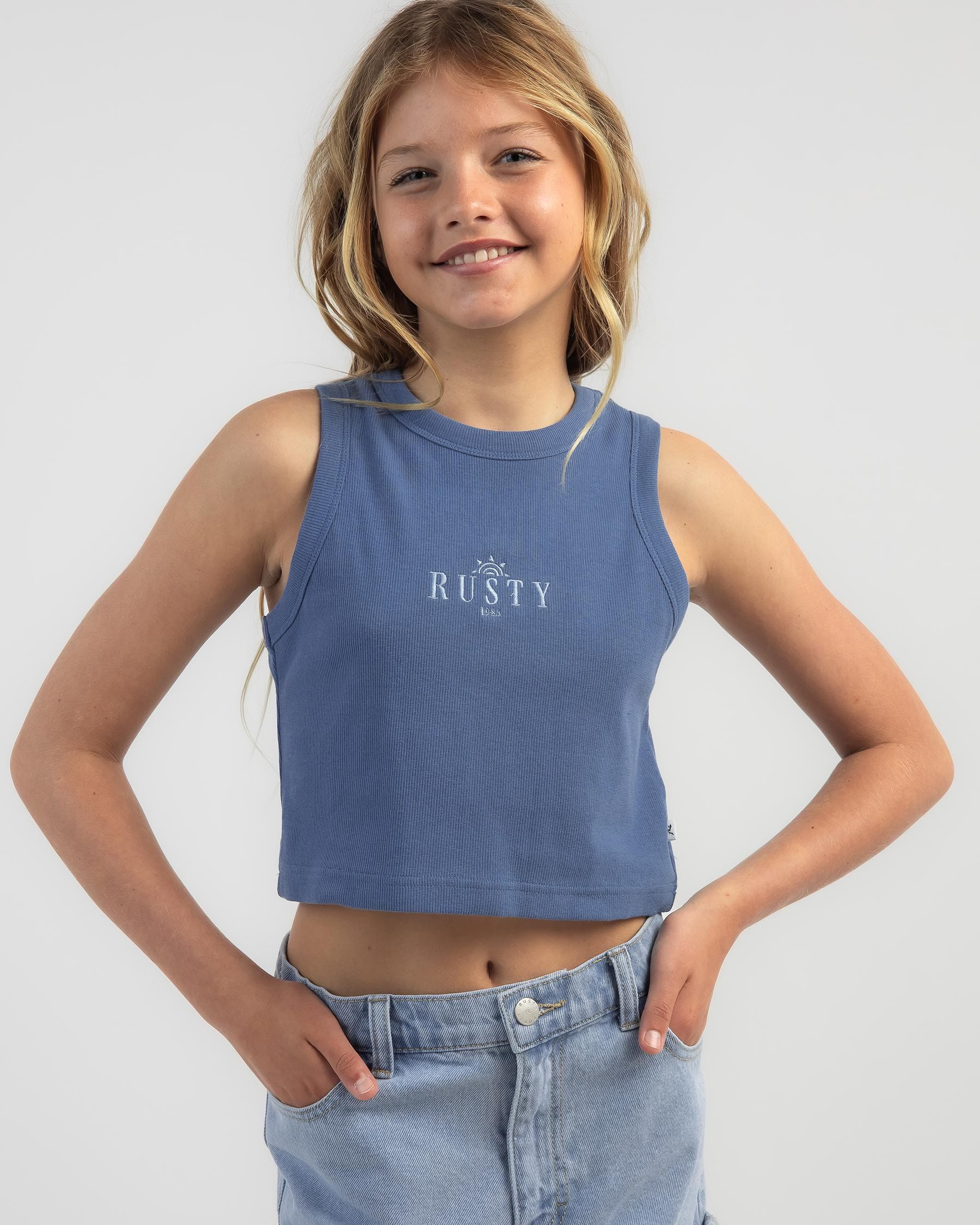 Shop Rusty Girls' Sunrise Racer Tank Top In Elemental Blue - Fast ...