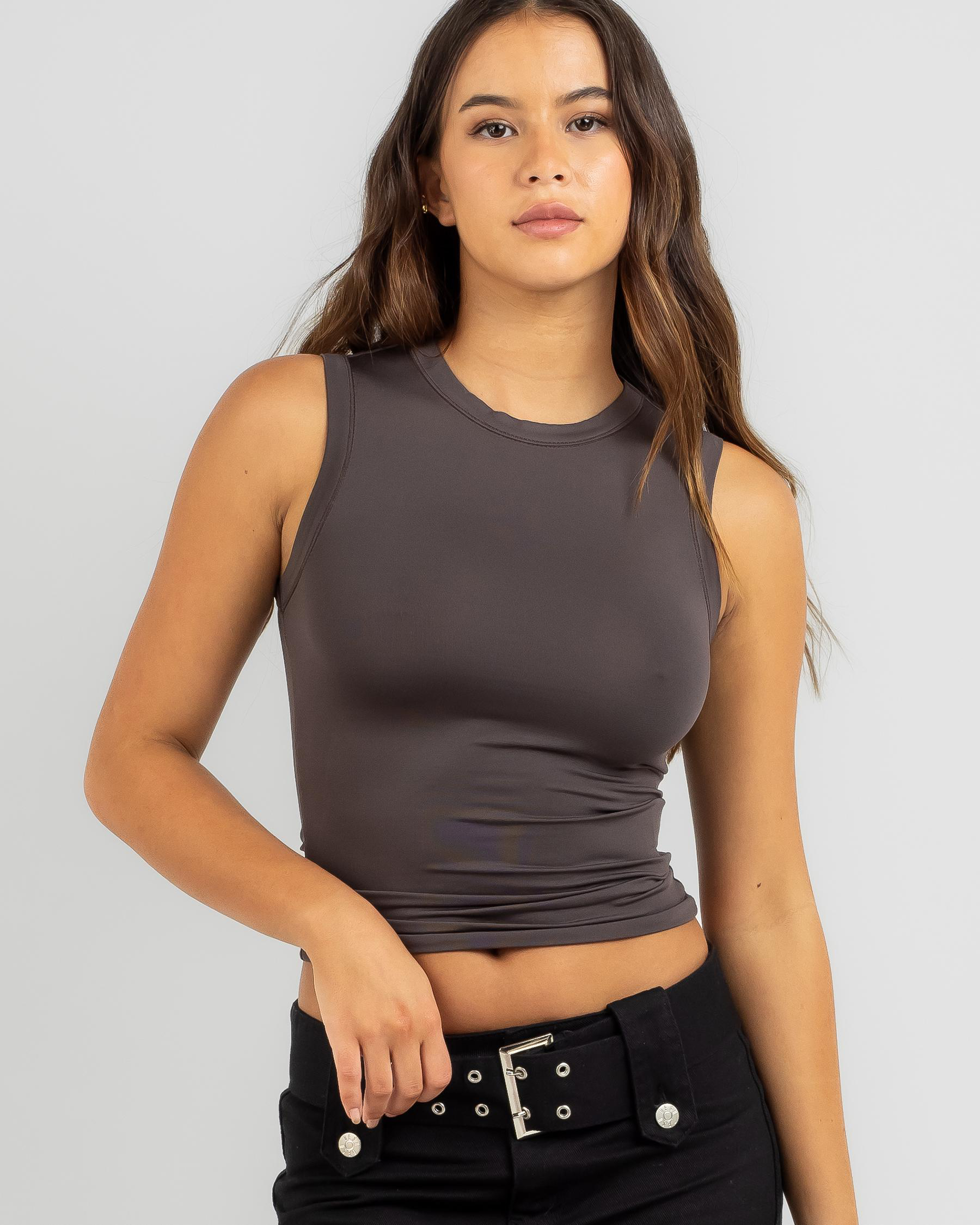 Shop Ava And Ever Chicago High Neck Tank Top In Charcoal - Fast ...