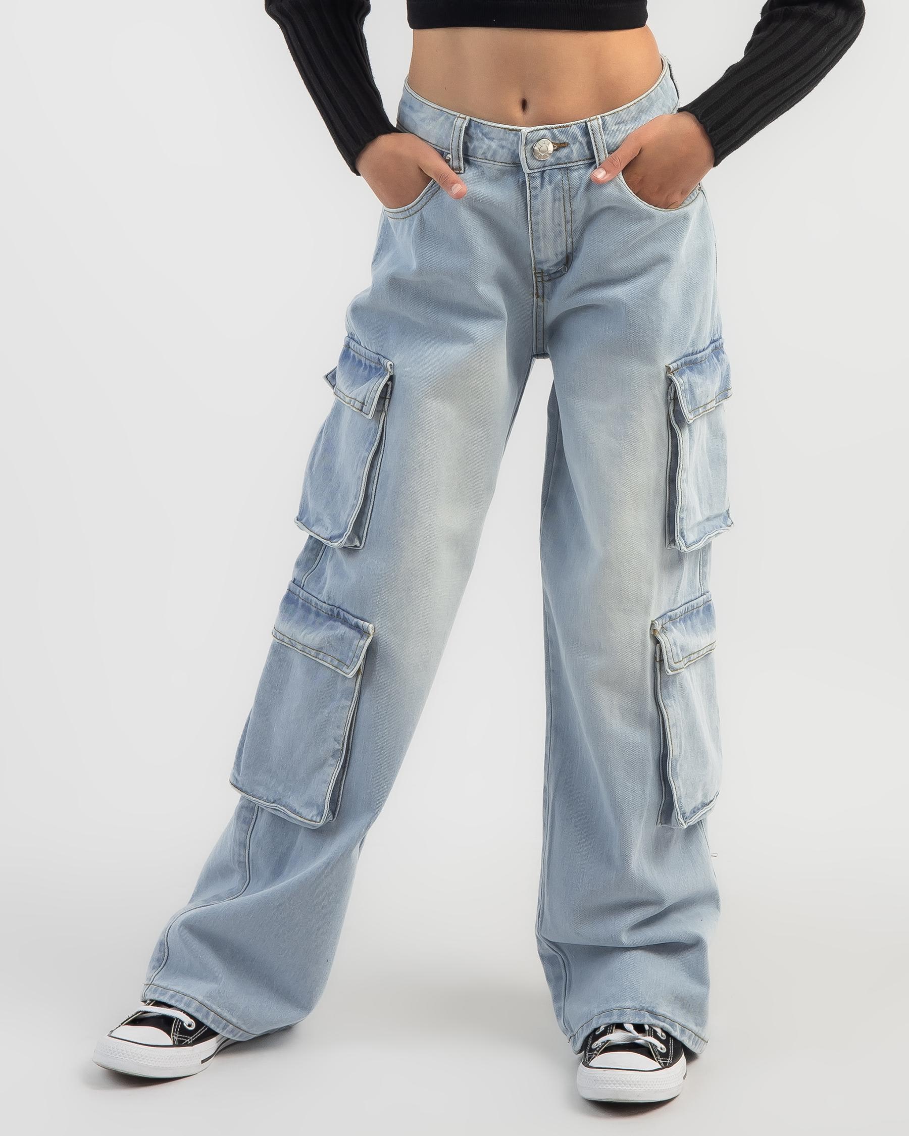 Shop DESU Girls' Myles Cargo Jeans In Light Blue - Fast Shipping & Easy ...