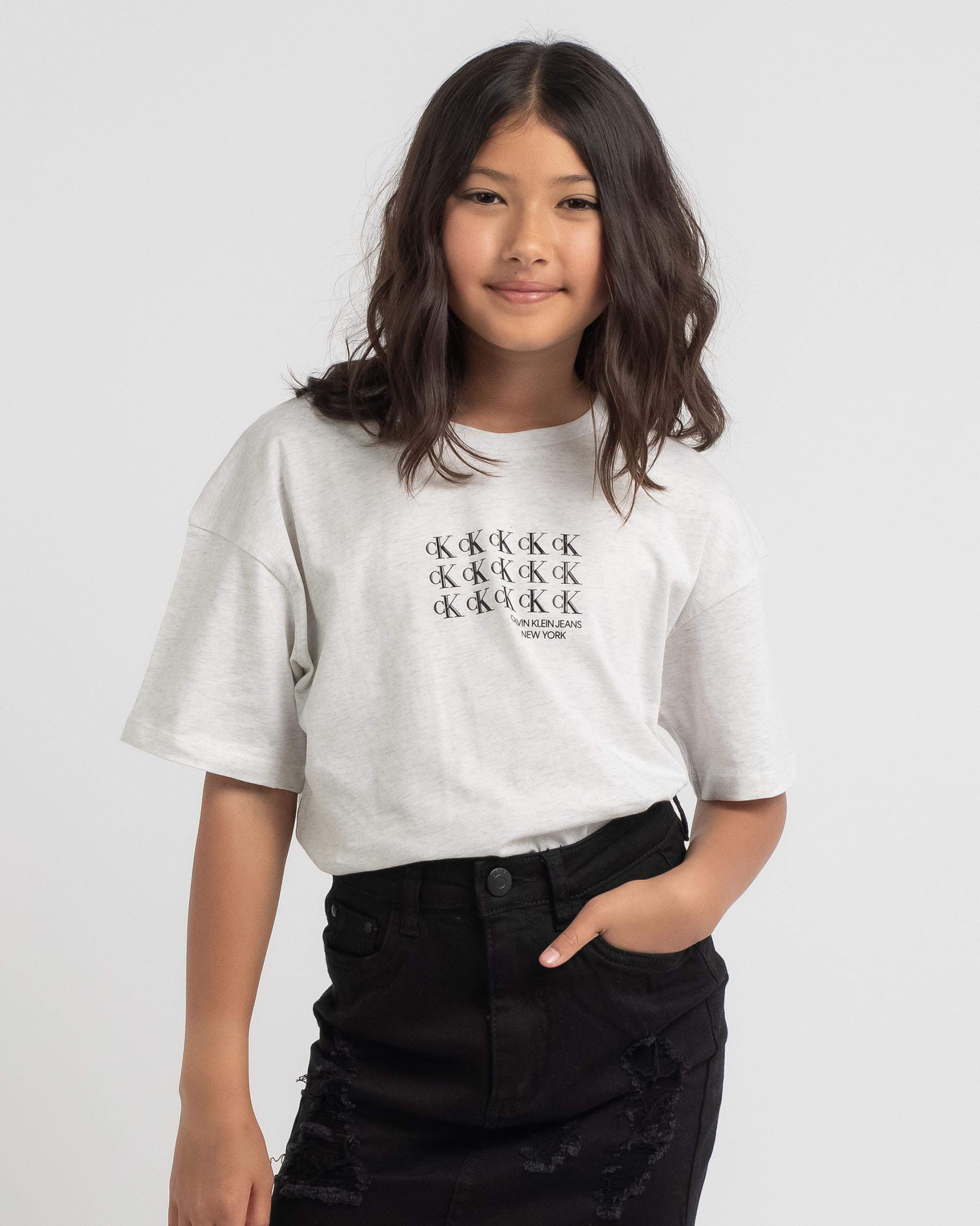 Shop Calvin Klein Girls' Mini Monogram Boxy T-Shirt In White Heather ...