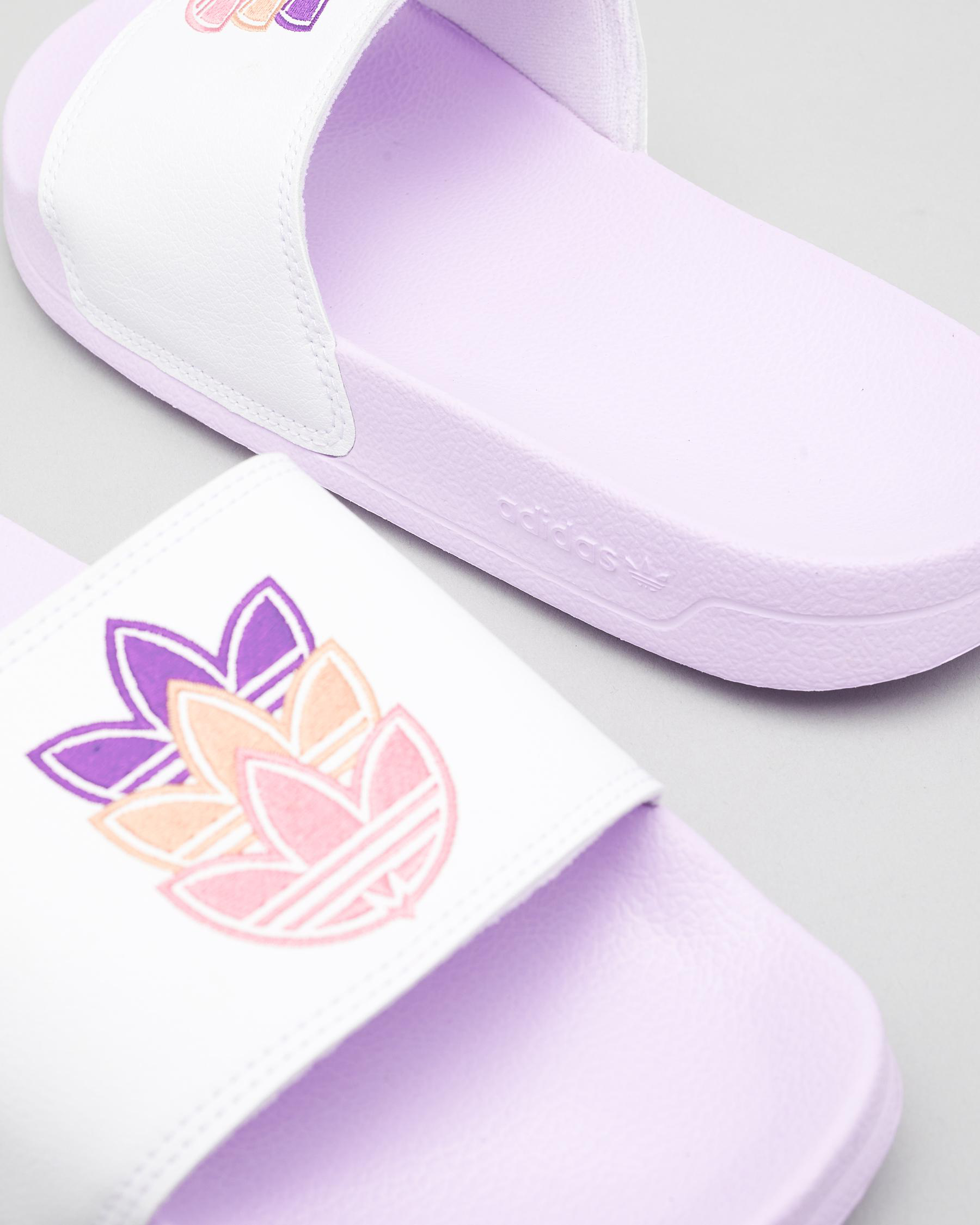 Shop Adidas Adilette Lite Slide Sandals In White Purple Tint Fast Shipping And Easy Returns