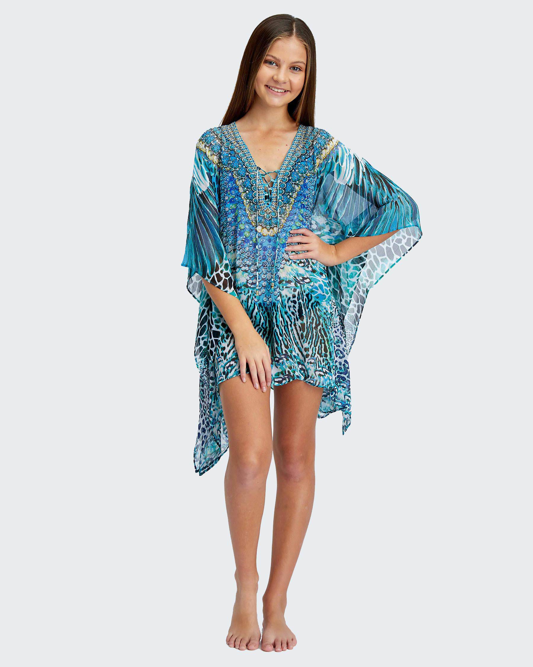 Shop Kaiami Girls Macaw Kaftan Beach Cover In Green/ Blue - Fast ...