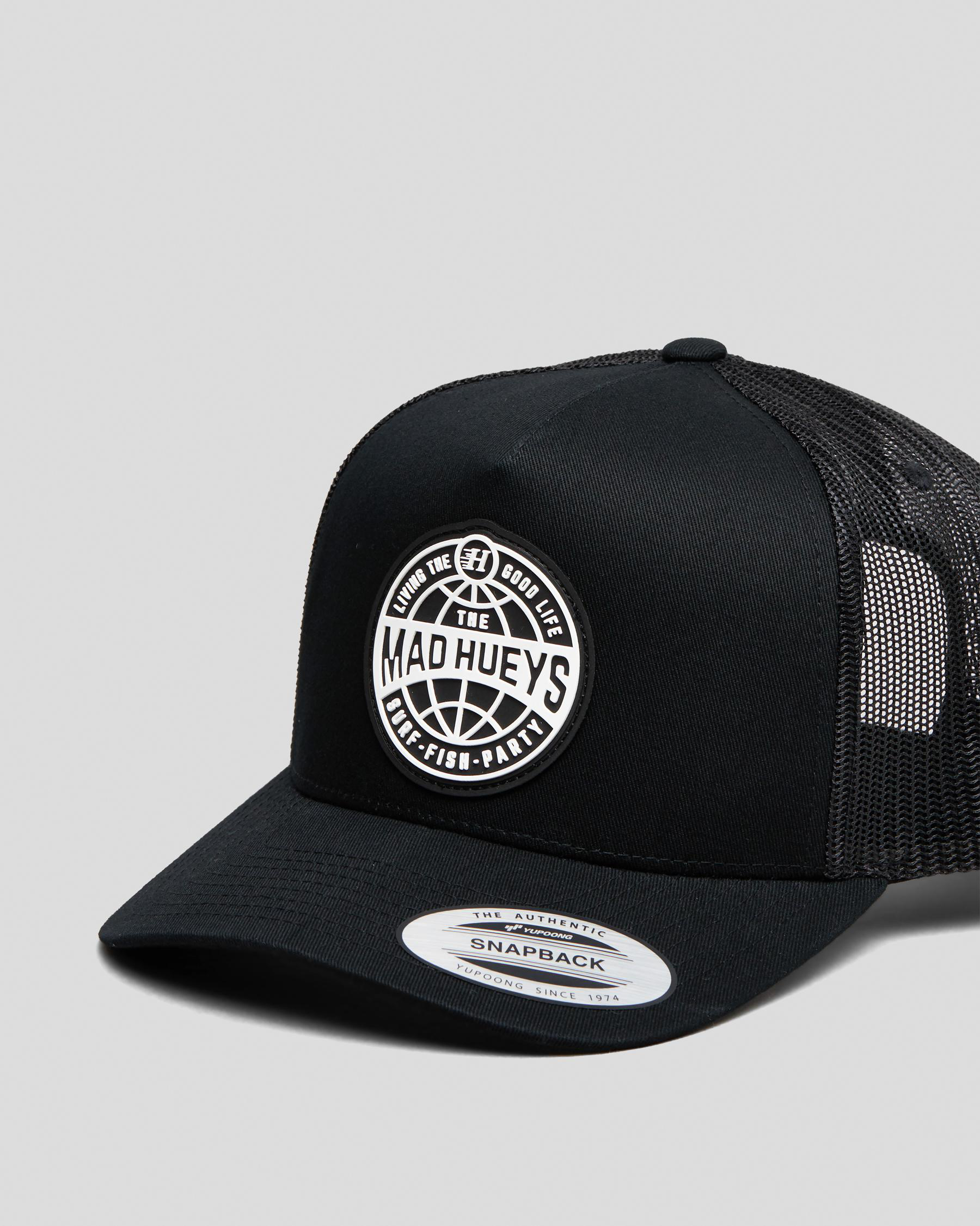 Shop The Mad Hueys Hueys Global Trucker Cap In Black - Fast Shipping ...