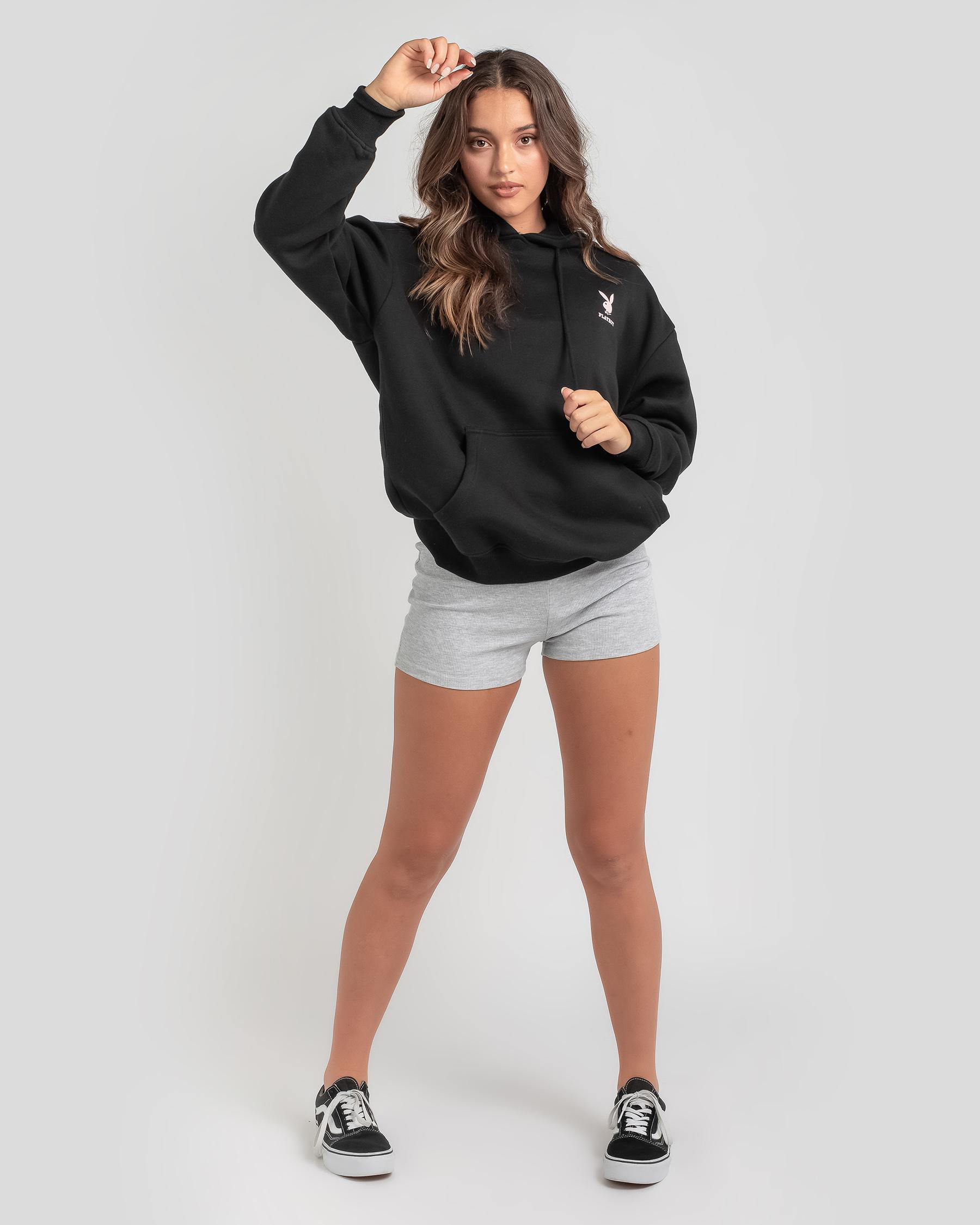 Shop Playboy Bunny Text Stacked Hoodie In Black - Fast Shipping & Easy ...