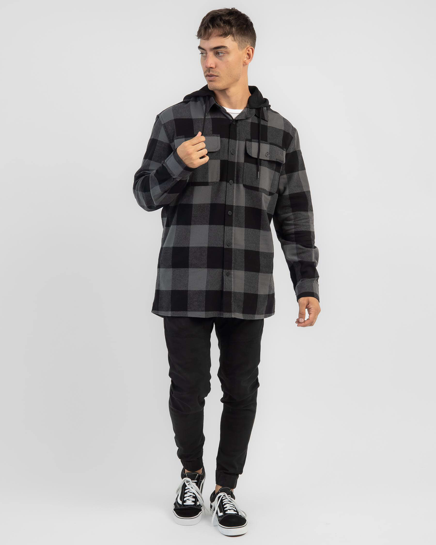 Shop Dexter Chaser Hooded Flanno In Black Check - Fast Shipping & Easy ...