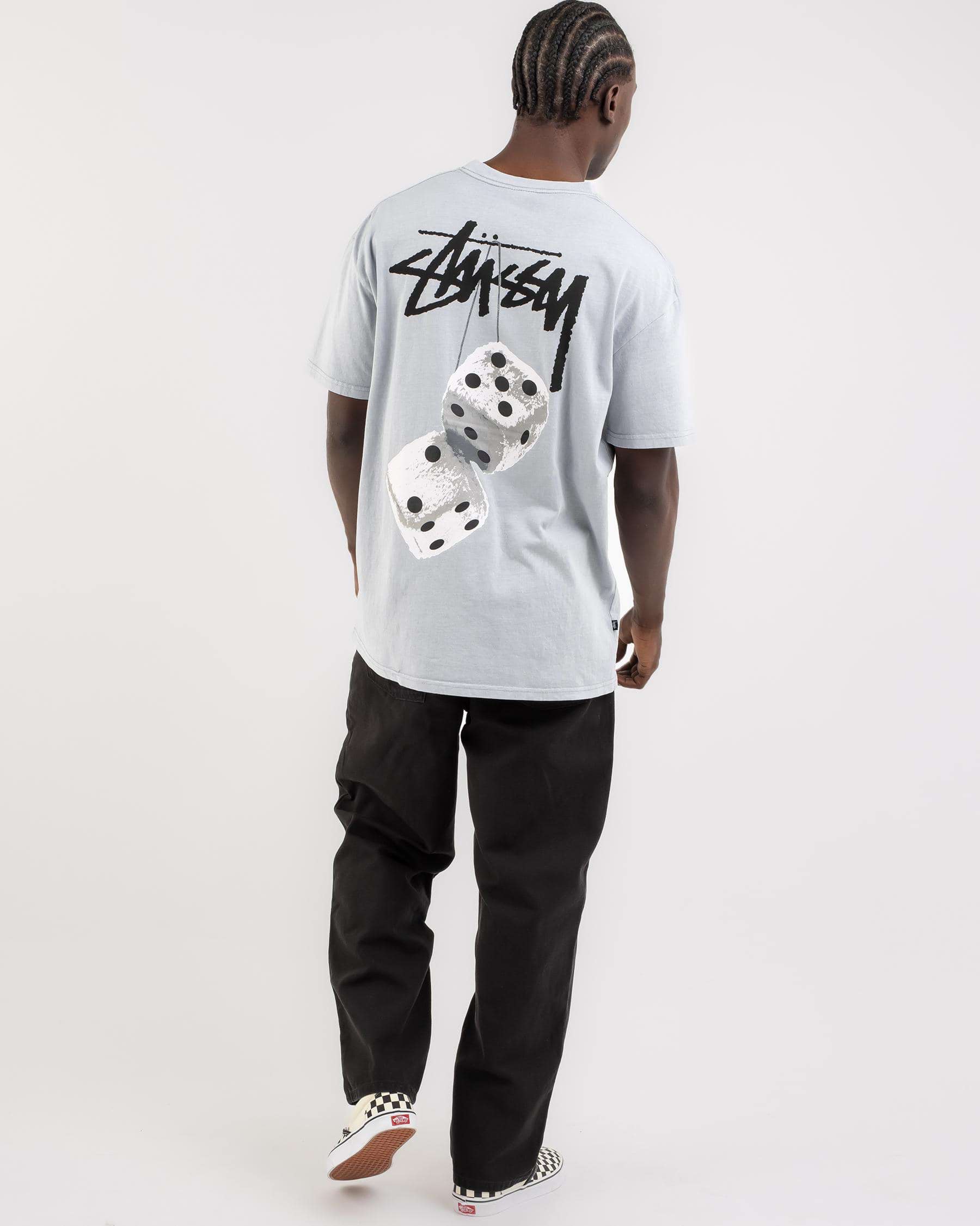 Shop Stussy Fluffy Dice T-Shirt In Pigment Silver Blue With Black/white ...