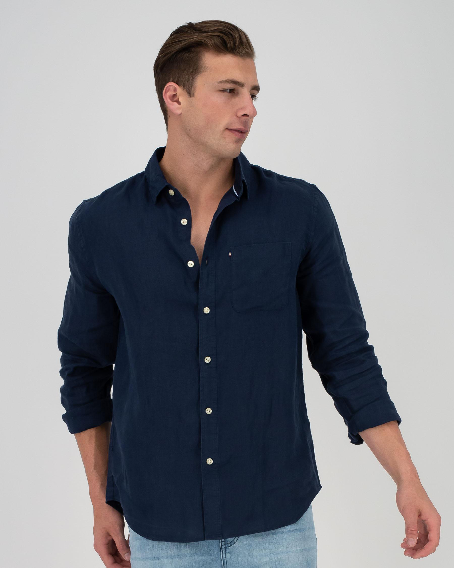 Shop Academy Brand Hampton Linen Long Sleeve Shirt In Navy - Fast ...