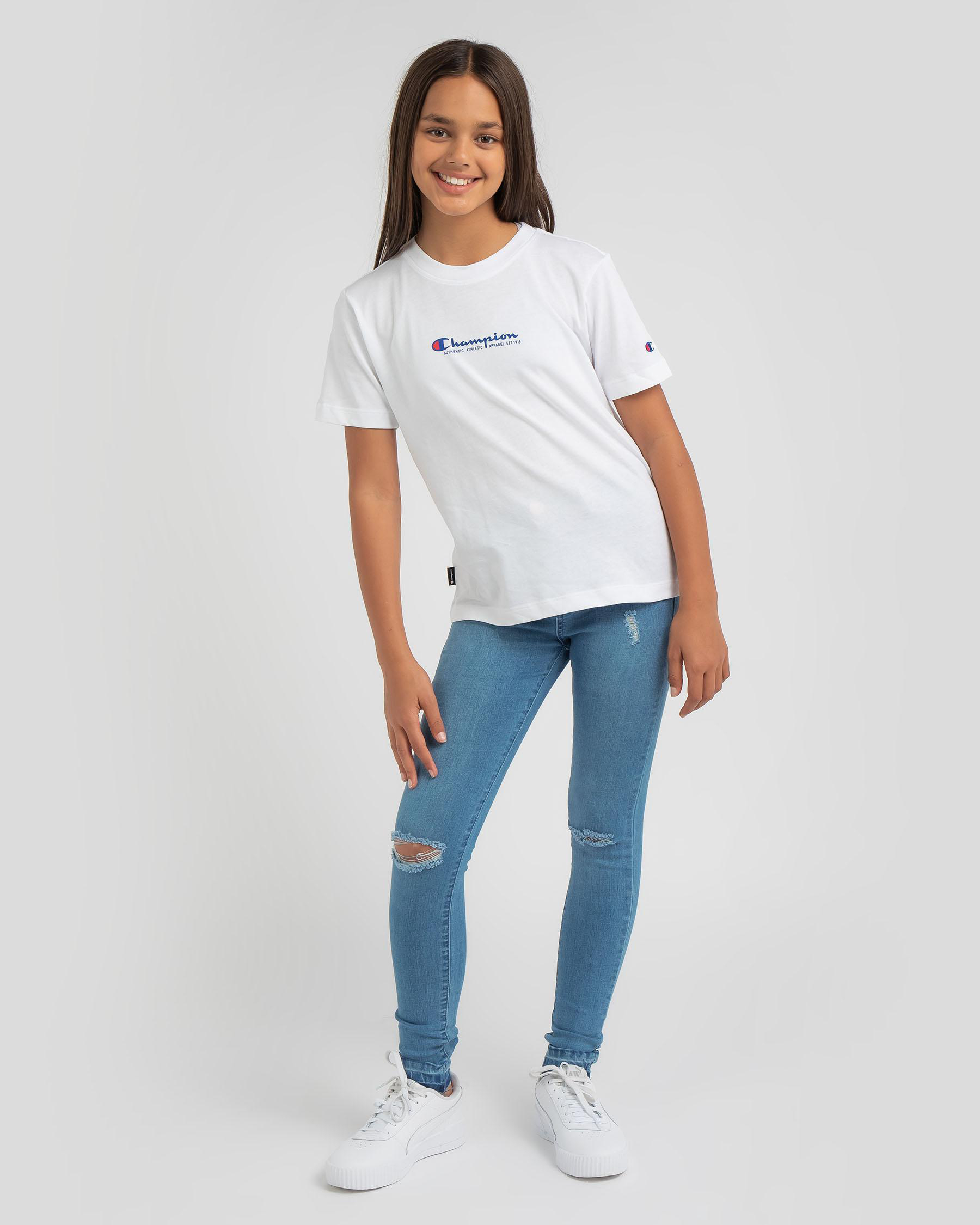 Shop Champion Girls' Recycled Jersey T-Shirt In White - Fast Shipping ...