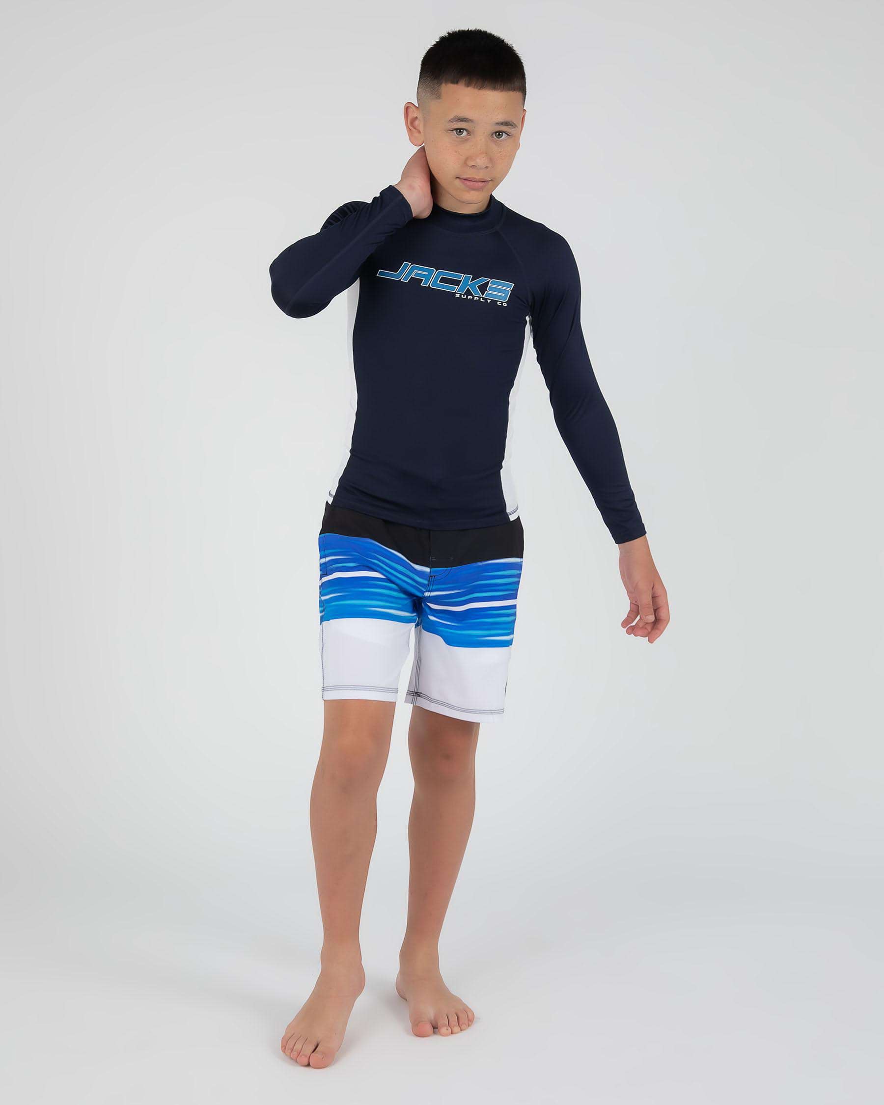 Shop Jacks Boys' Conquer Long Sleeve Rash Vest In Navy/white - Fast ...