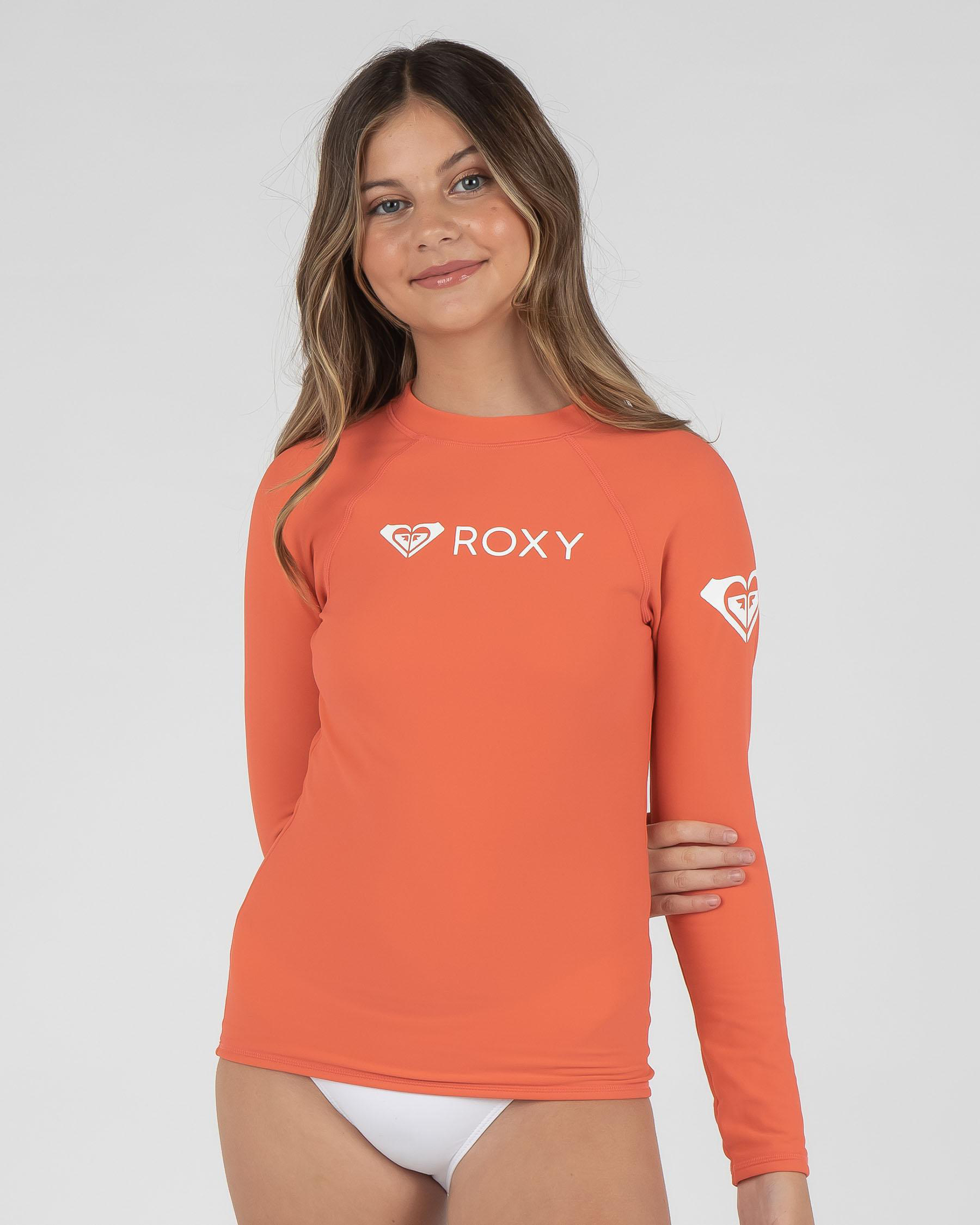 Shop Roxy Girls' Heater Long Sleeve Rash Vest In Deep Sea Coral - Fast ...