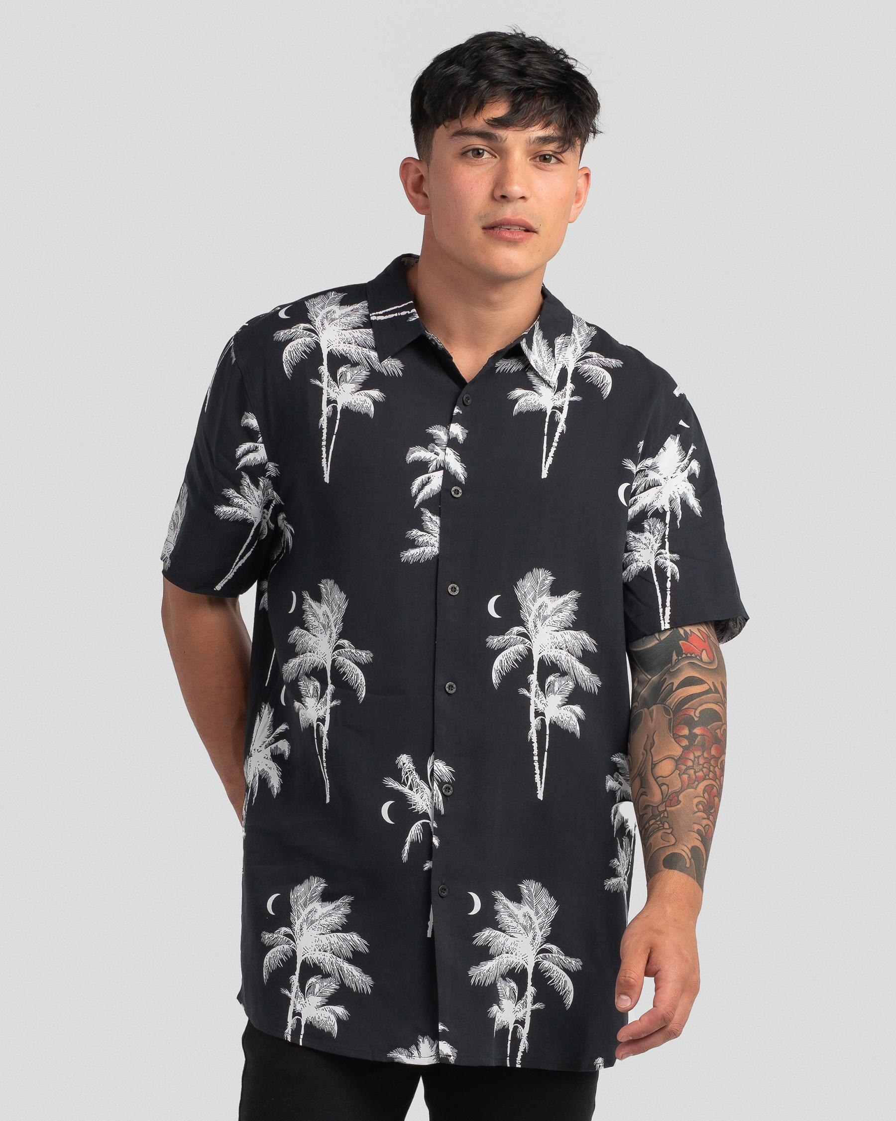 Shop Lucid Palm Beach Short Sleeve Shirt In Black - Fast Shipping ...