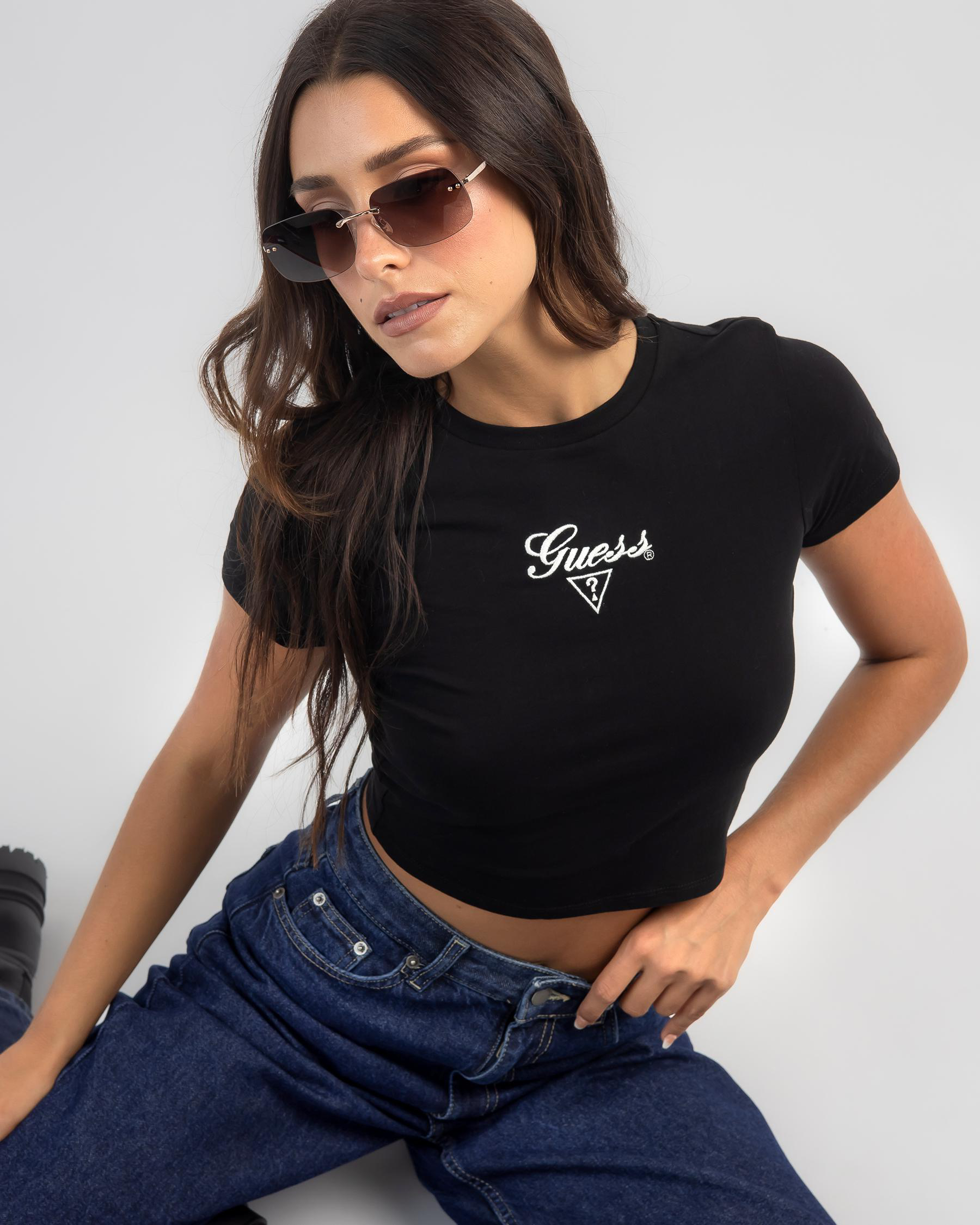 Shop GUESS Originals Taylor Vintage Baby Tee In Jet Black - Fast ...