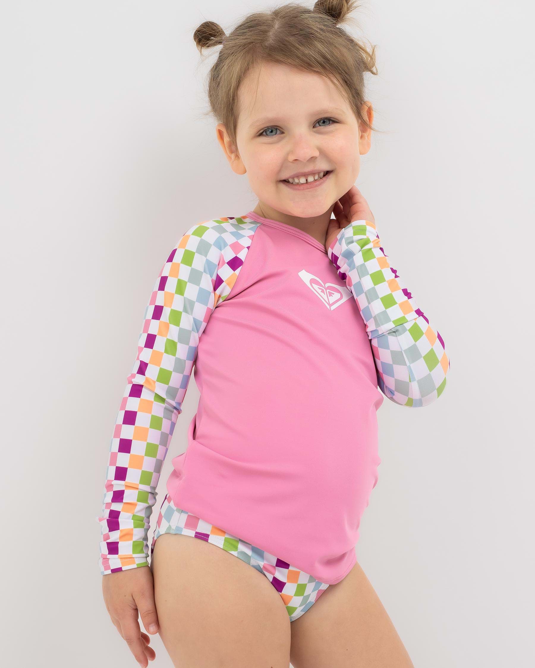 Shop Roxy Toddlers' Rainbow Check Long Sleeve Rash Vest Set In Bright ...