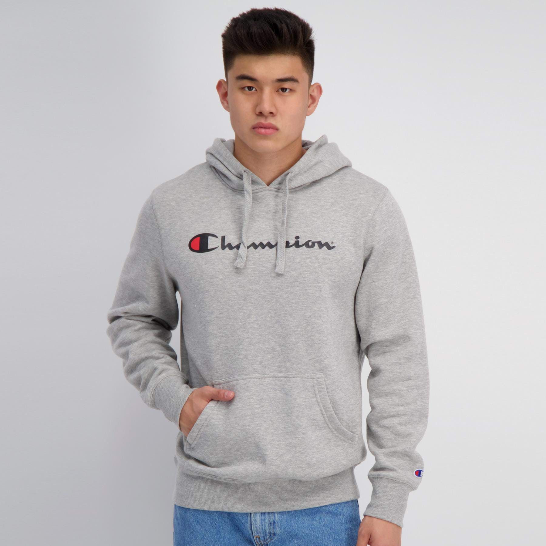 Shop Champion Logo Hoodie In Oxford Heather - Fast Shipping & Easy ...