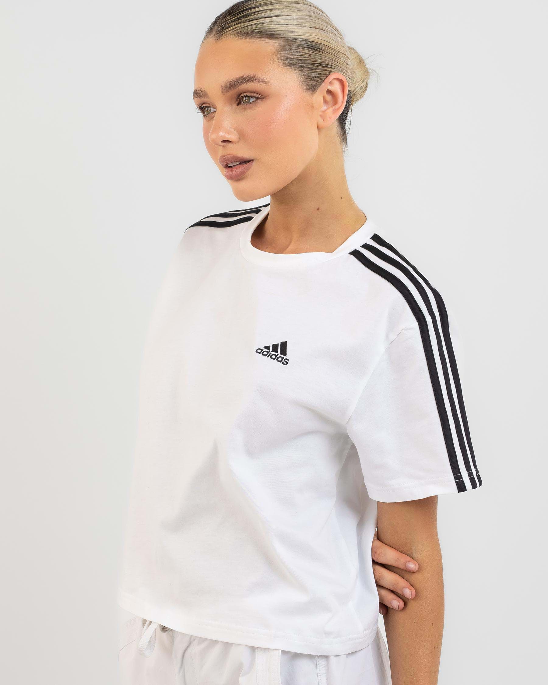 Shop adidas Essentials 3 Stripe Cropped T-Shirt In White/black - Fast ...