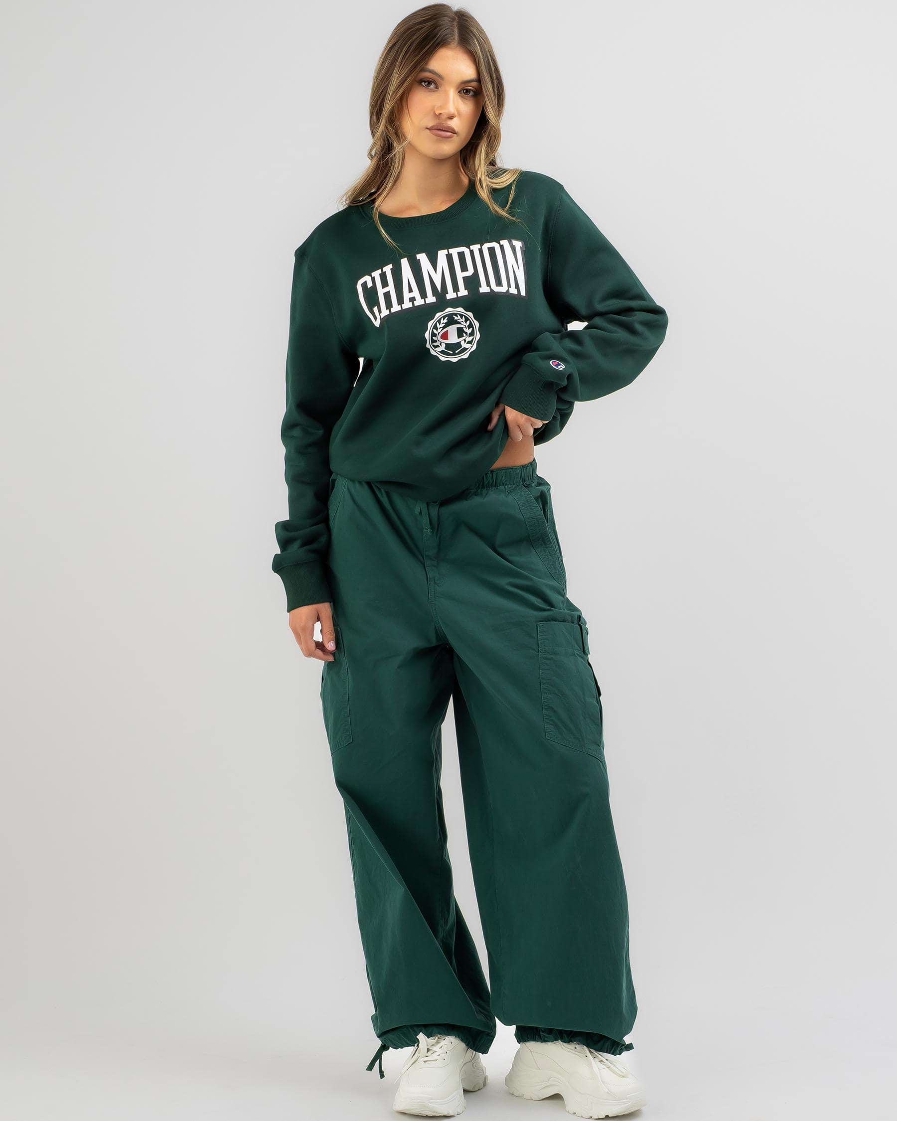 Shop Champion Champion Graphic Crew In Midfield Green - Fast Shipping ...