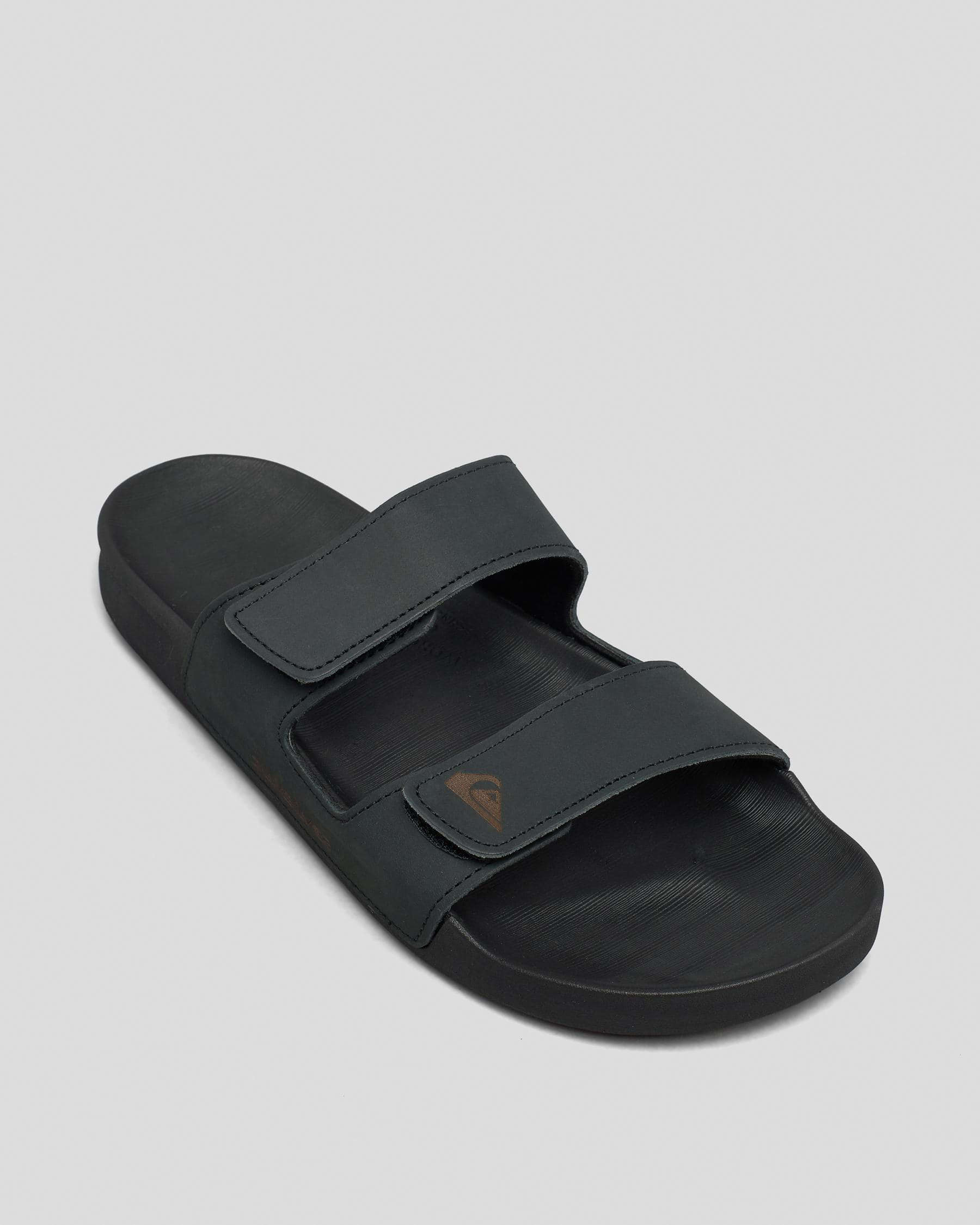 Shop Quiksilver Rivi Leather Double Adjust Slides In Black 1 - Fast ...