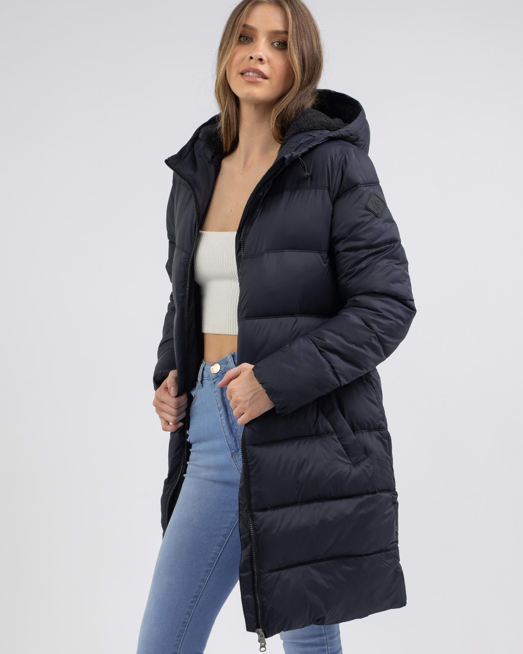 Shop Roxy Crest Of The Break Hooded Puffer Jacket In Anthracite - Fast ...