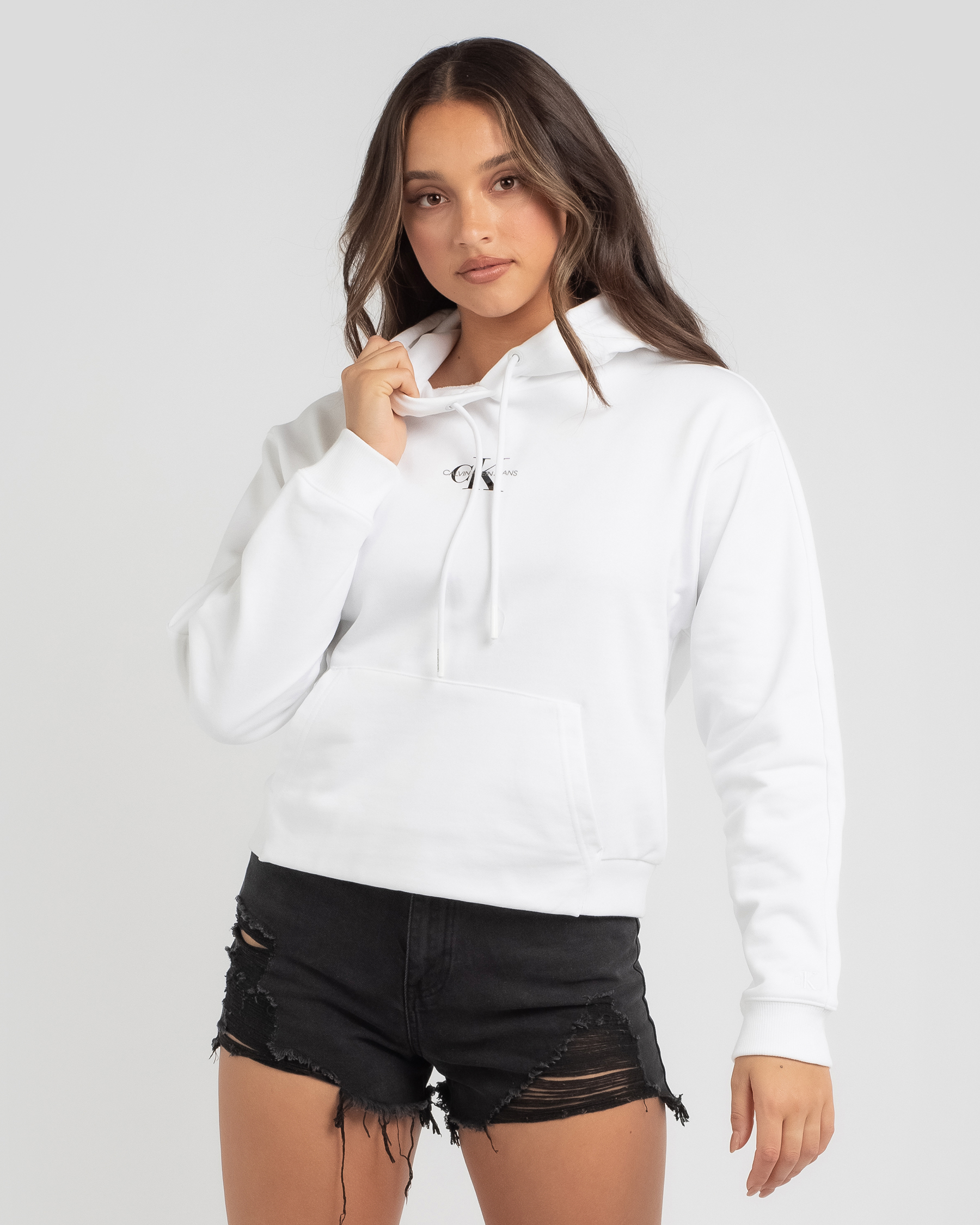 Shop Calvin Klein Cropped Monogram Hoodie In Bright White - Fast ...