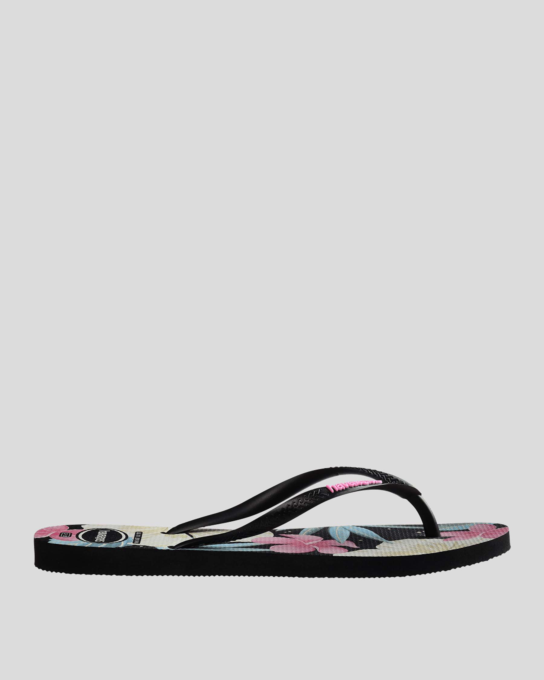 Shop Havaianas Slim Floral Thongs In Black/pink - Fast Shipping & Easy ...