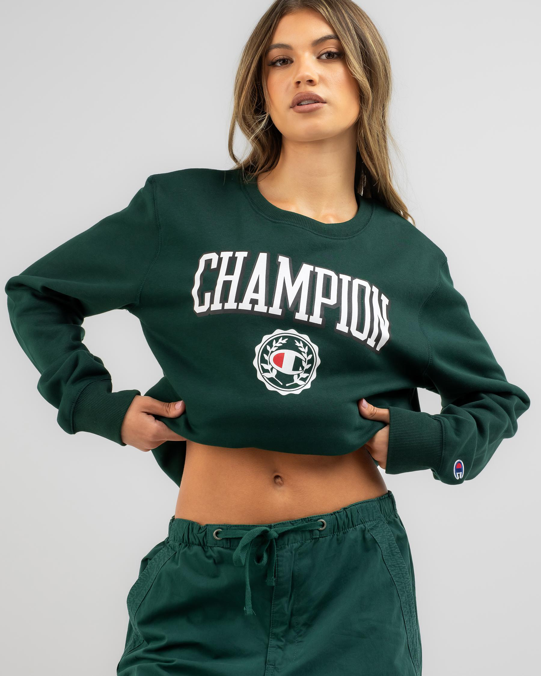 Shop Champion Champion Graphic Crew In Midfield Green - Fast Shipping ...