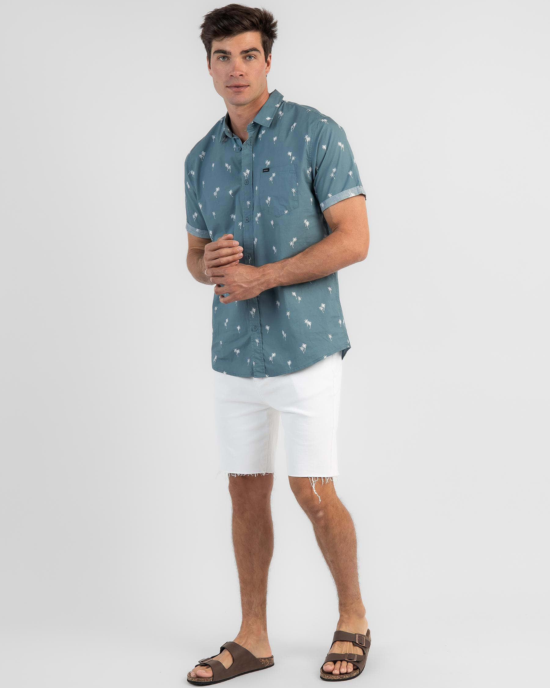 Shop Rip Curl Paradise Palms Short Sleeve Shirt In Blue Stone - Fast ...